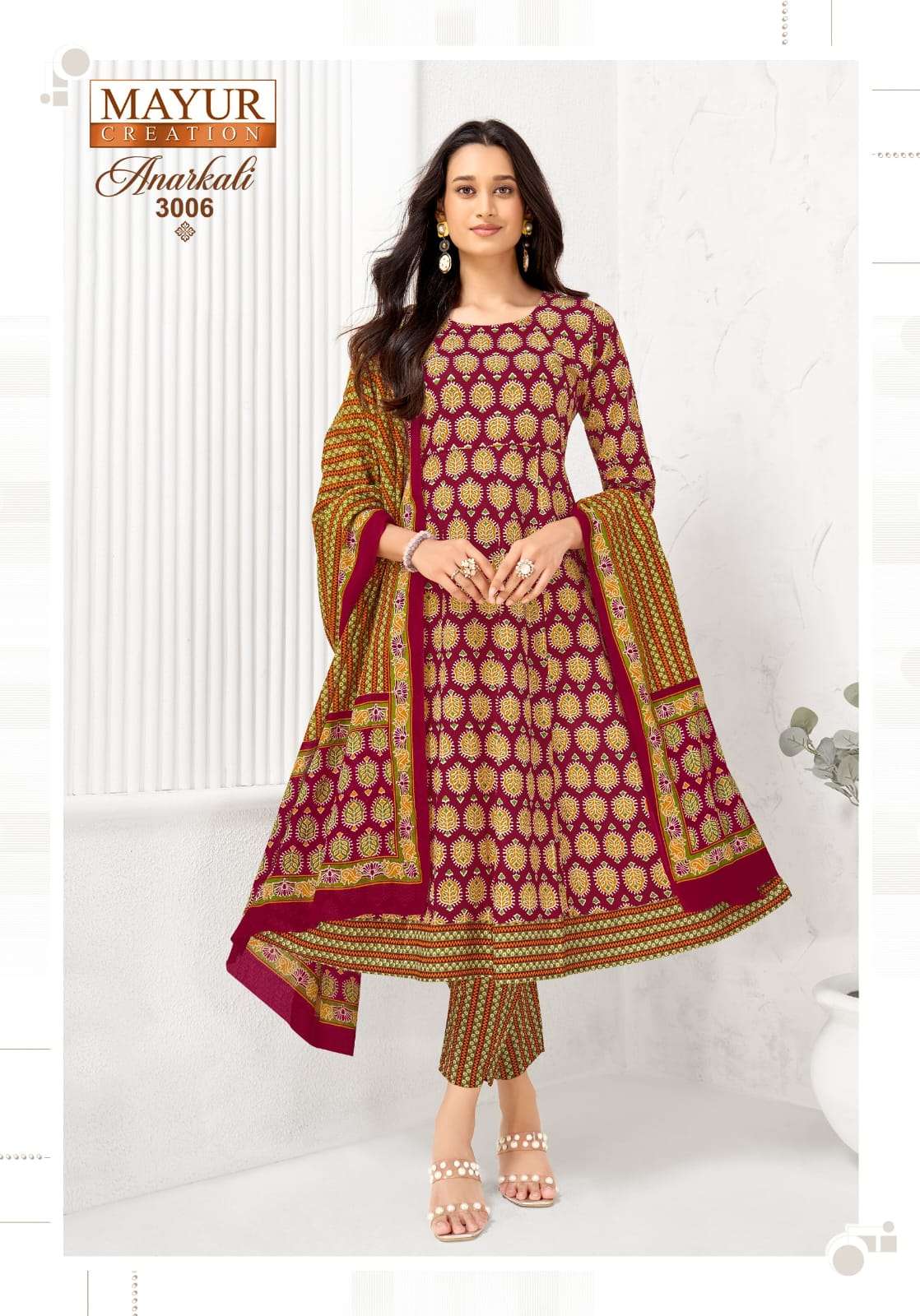 MAYUR CREATION ANARKALI VOL 3 COTTON PRINT FROCK STYLE KURTI BOTTOM AND DUPATTA SET 
