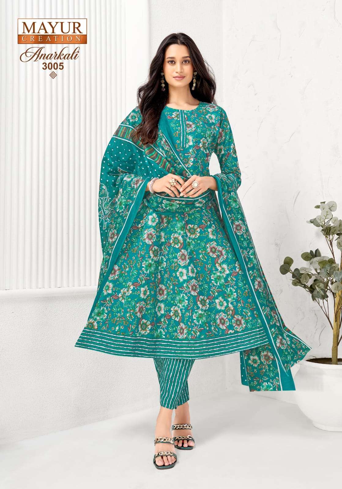 MAYUR CREATION ANARKALI VOL 3 COTTON PRINT FROCK STYLE KURTI BOTTOM AND DUPATTA SET 