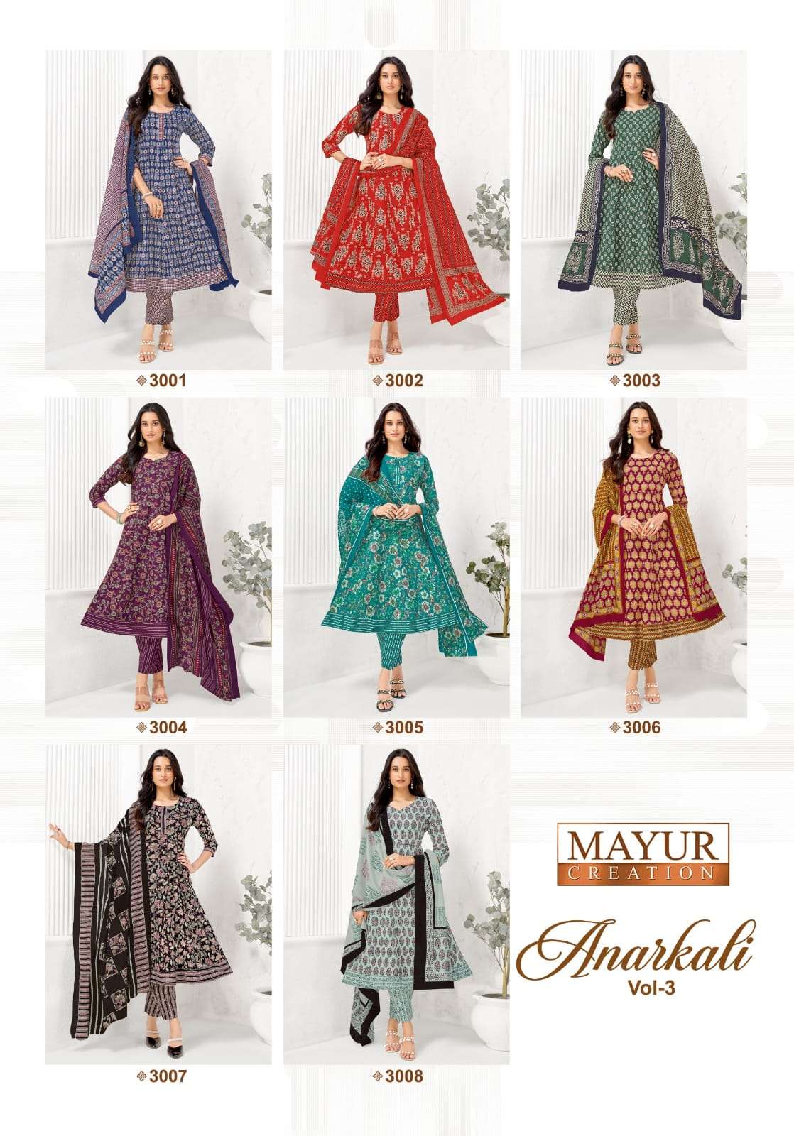 MAYUR CREATION ANARKALI VOL 3 COTTON PRINT FROCK STYLE KURTI BOTTOM AND DUPATTA SET 
