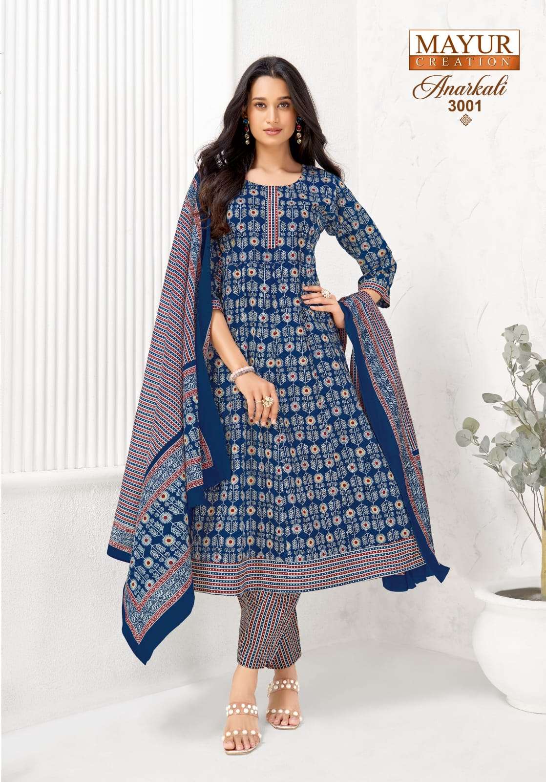 MAYUR CREATION ANARKALI VOL 3 COTTON PRINT FROCK STYLE KURTI BOTTOM AND DUPATTA SET 