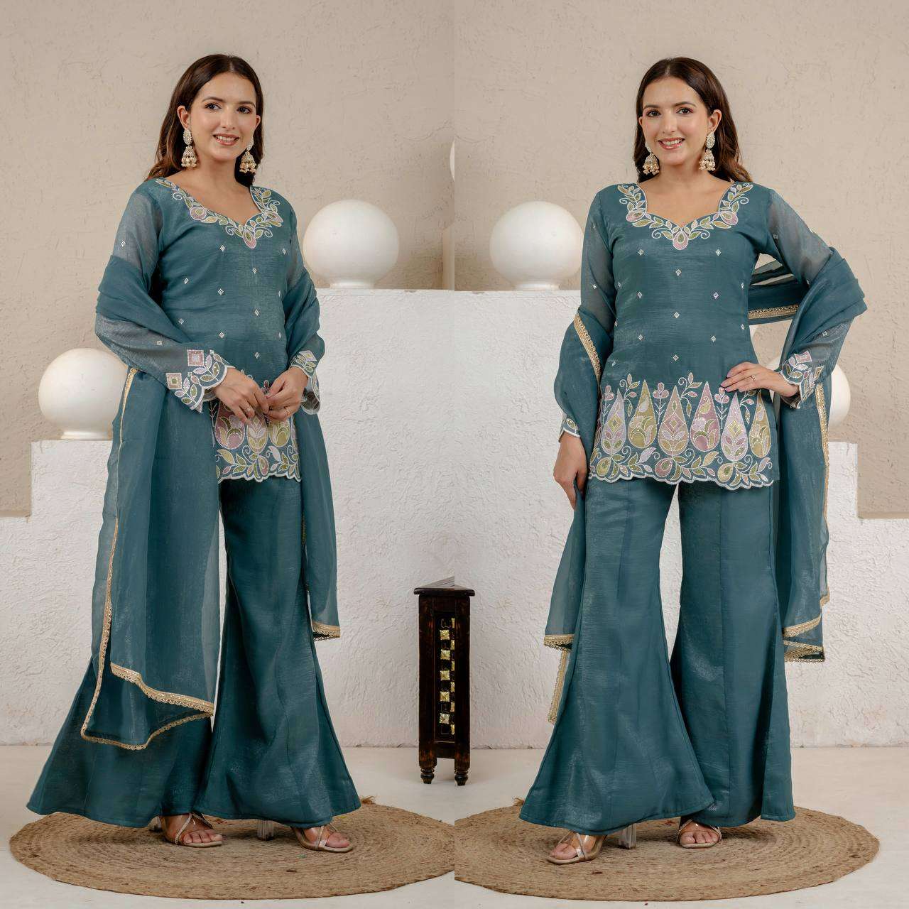 MD 3104 SILK DESIGNER WORK PARTY WEAR LADIES TOP PLAZZO AND DUPATTA SET 
