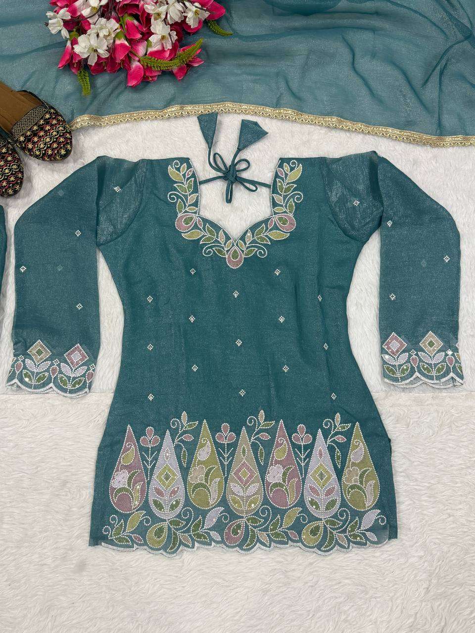 MD 3104 SILK DESIGNER WORK PARTY WEAR LADIES TOP PLAZZO AND DUPATTA SET 