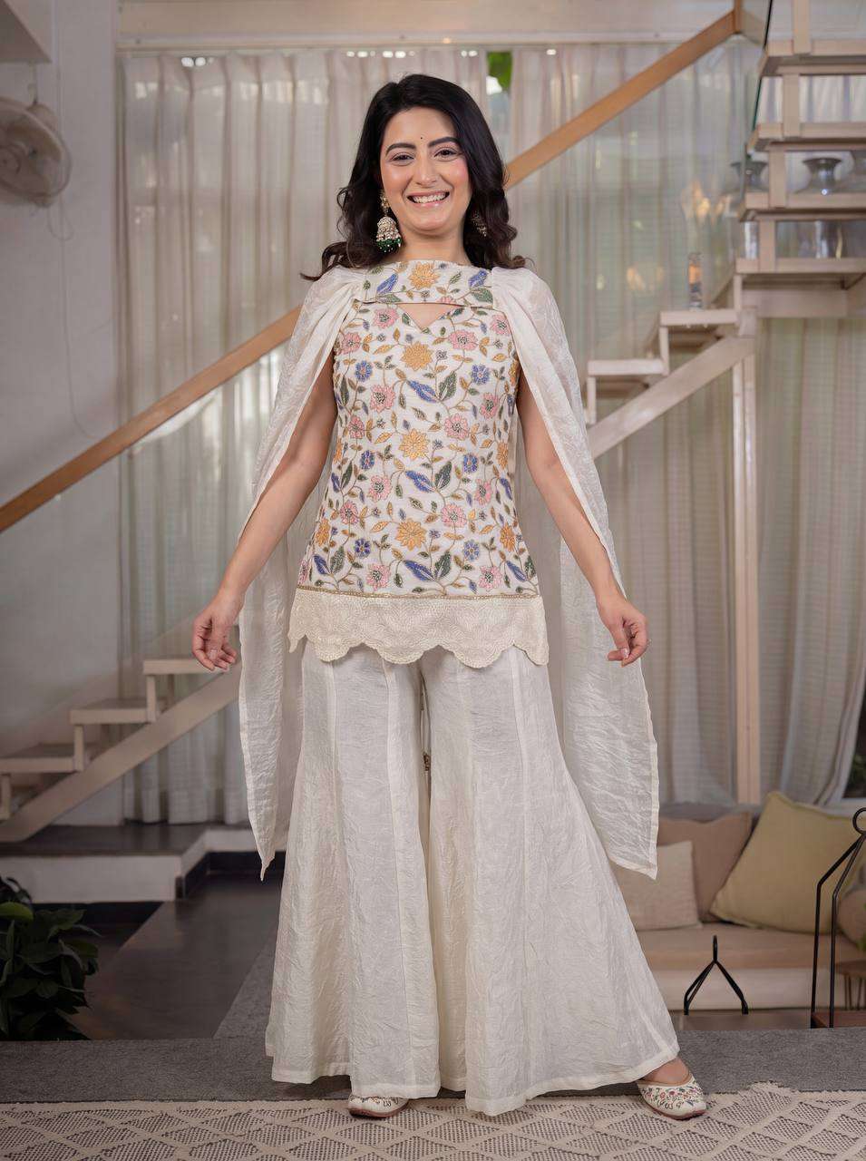 MD 3107 DESIGNER PARTY WEAR LOOK TOP SHARARA PLAZZO AND DUPATTA SET 