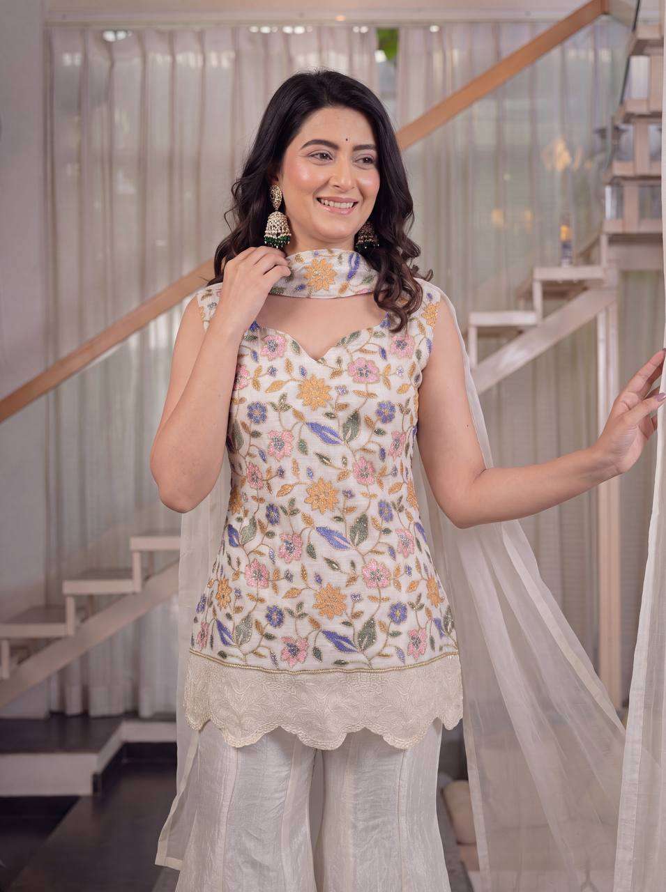MD 3107 DESIGNER PARTY WEAR LOOK TOP SHARARA PLAZZO AND DUPATTA SET 