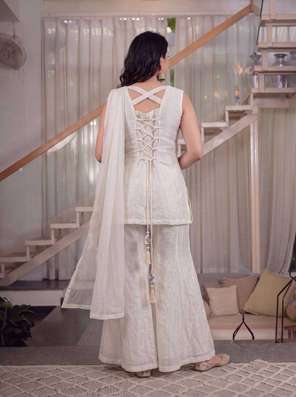 MD 3107 DESIGNER PARTY WEAR LOOK TOP SHARARA PLAZZO AND DUPATTA SET 