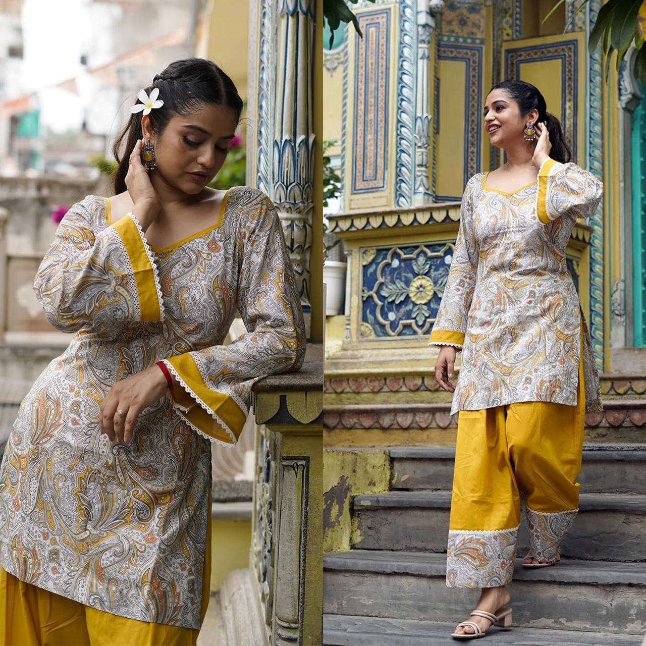 MD 3108 DESIGNER WEAR LOOK LADIES TOP FARSHI SALWAR AND DUPATTA SET 