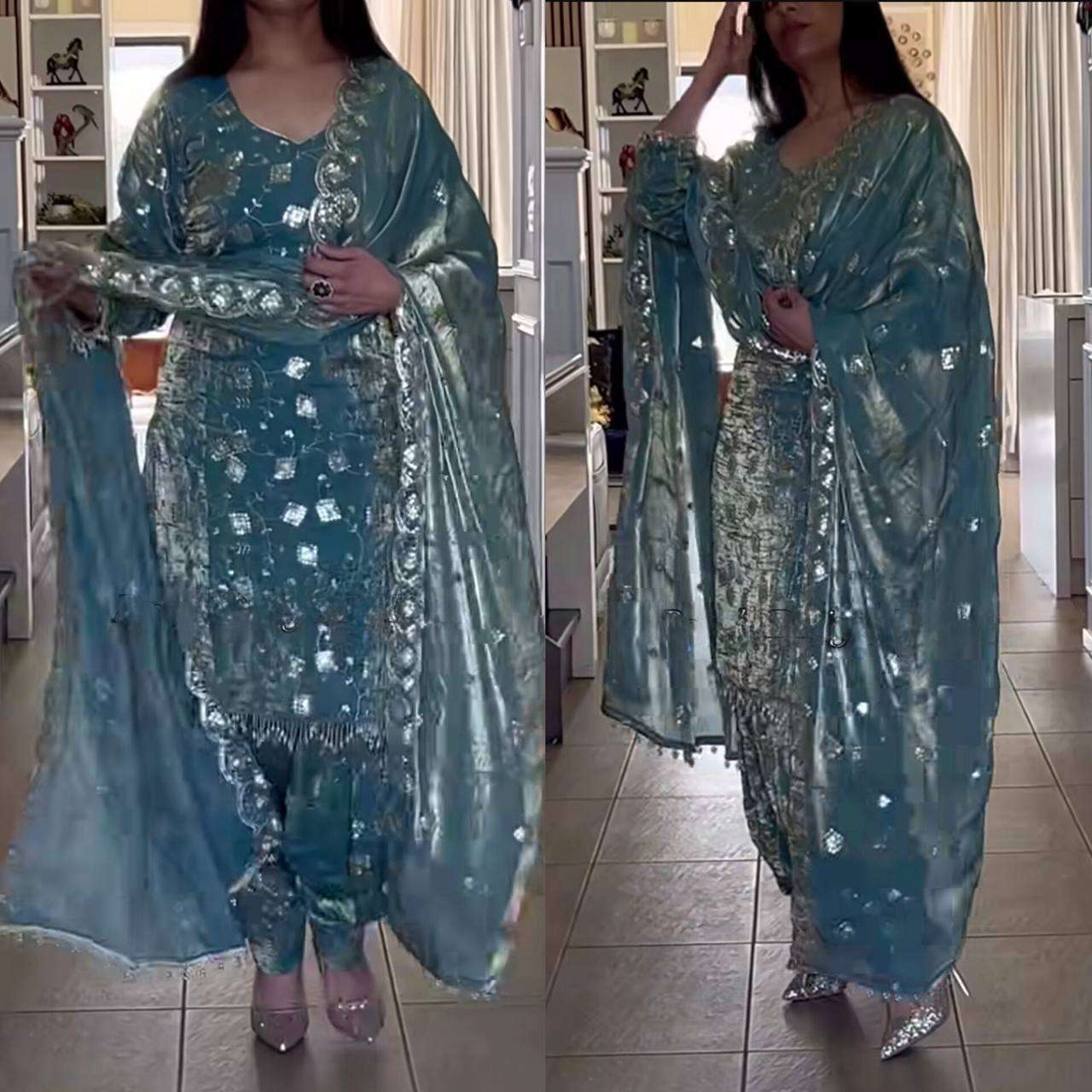 ND 5051 SILK EMBROIDERY DESIGNER PARTY WEAR LADIES TOP DHOTI SALWAR AND DUPATTA SET 
