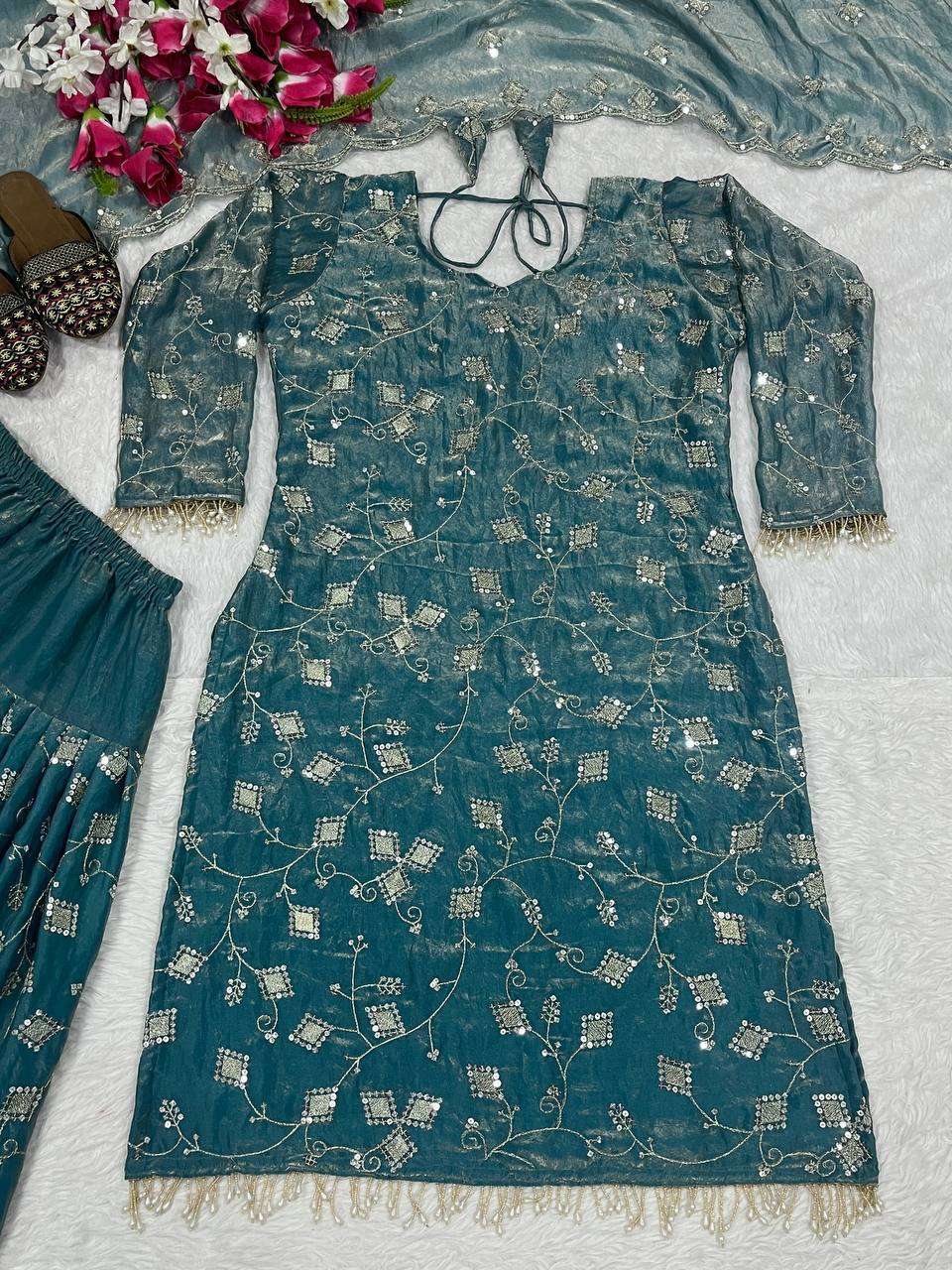 ND 5051 SILK EMBROIDERY DESIGNER PARTY WEAR LADIES TOP DHOTI SALWAR AND DUPATTA SET 