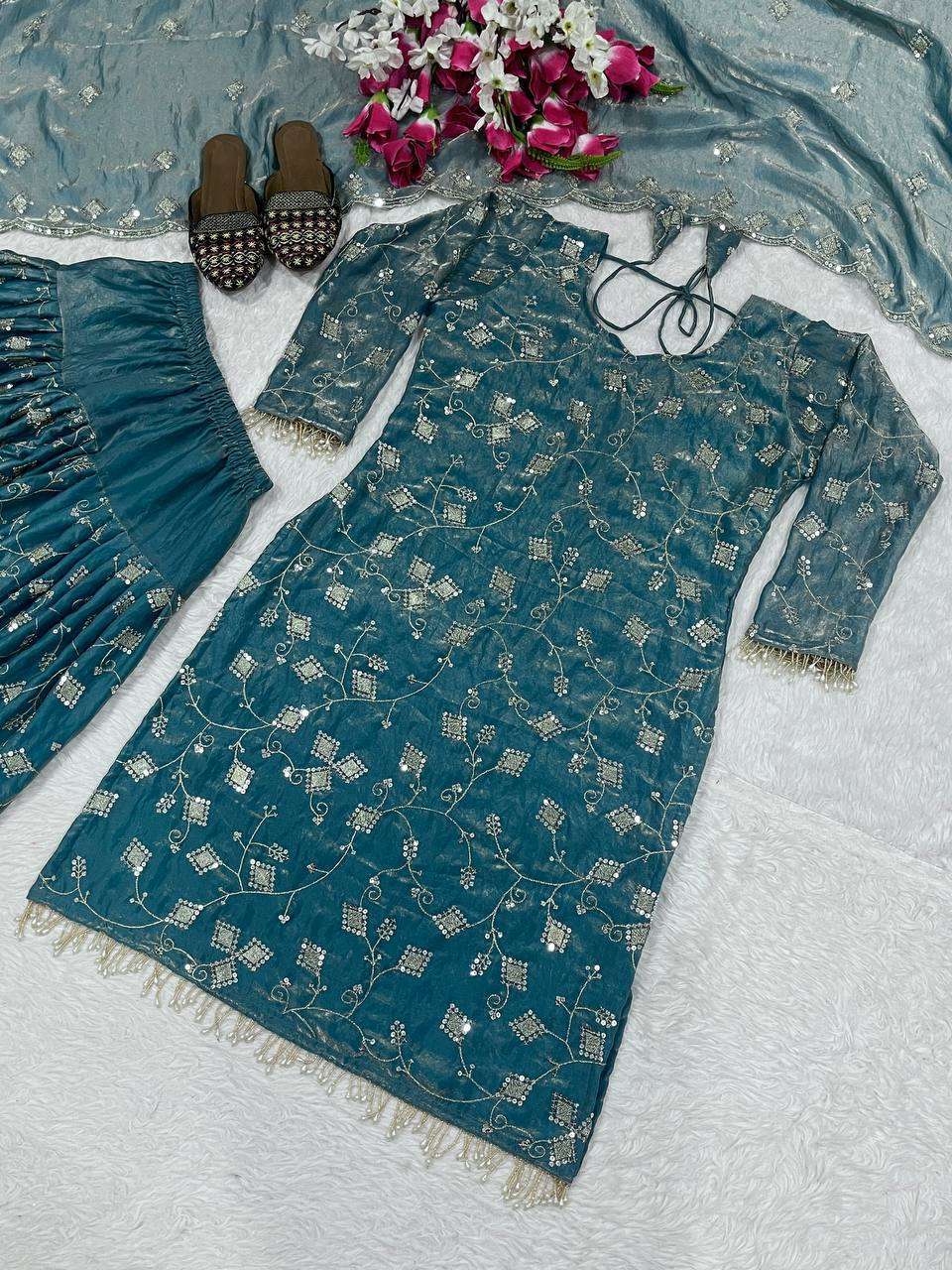 ND 5051 SILK EMBROIDERY DESIGNER PARTY WEAR LADIES TOP DHOTI SALWAR AND DUPATTA SET 