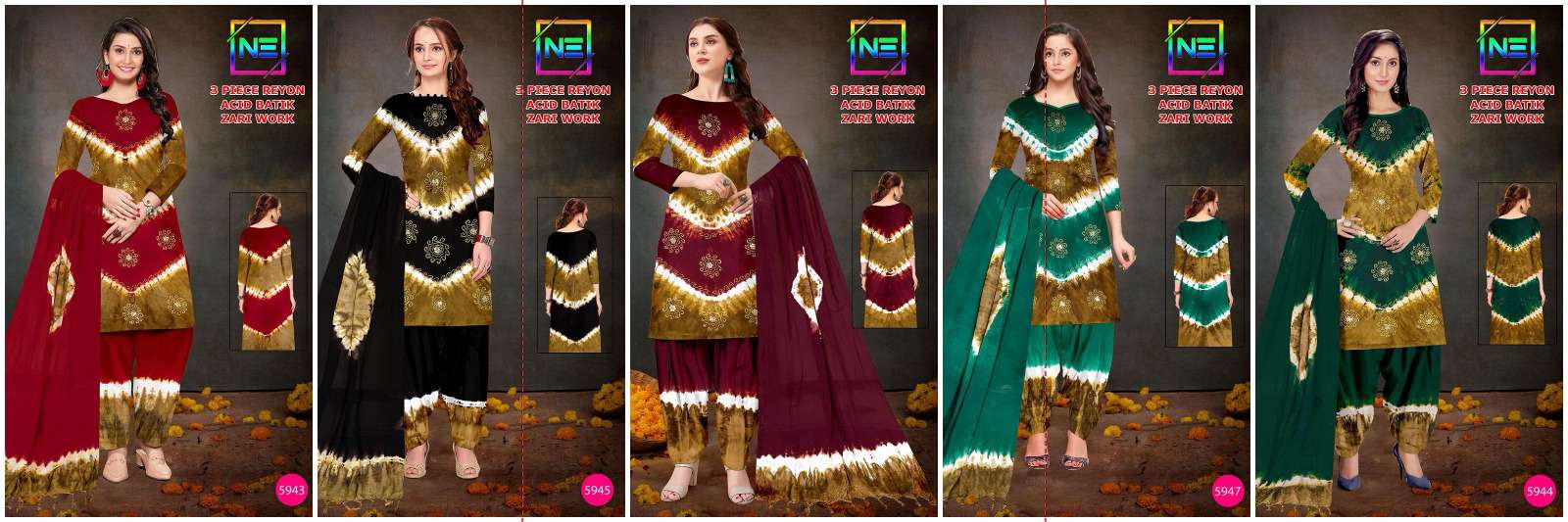 NE PRESENTS 3 PIECE RAYON ACID BATIK ZARI WORK COLLECTION 