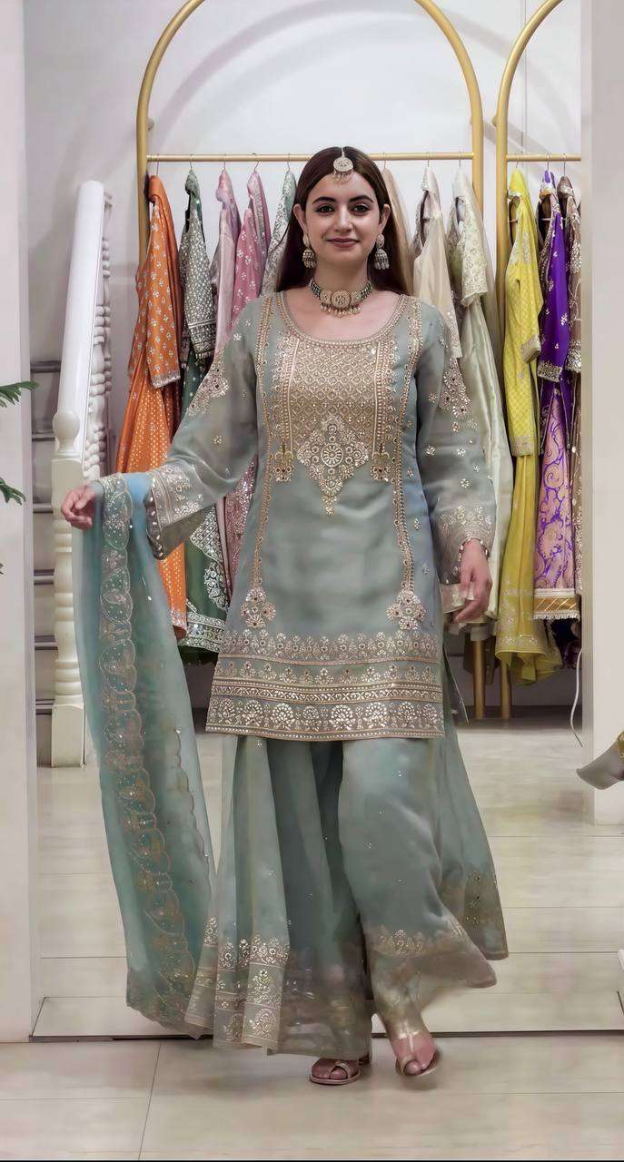 NSR 904 GEORGETTE DESIGNER PARTY WEAR LOOK TOP PLAZZO AND DUPATTA SET 
