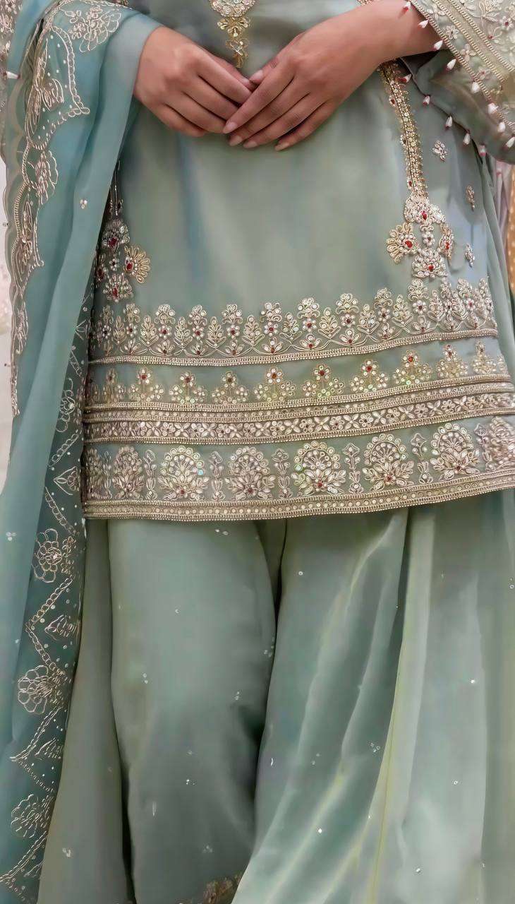 NSR 904 GEORGETTE DESIGNER PARTY WEAR LOOK TOP PLAZZO AND DUPATTA SET 