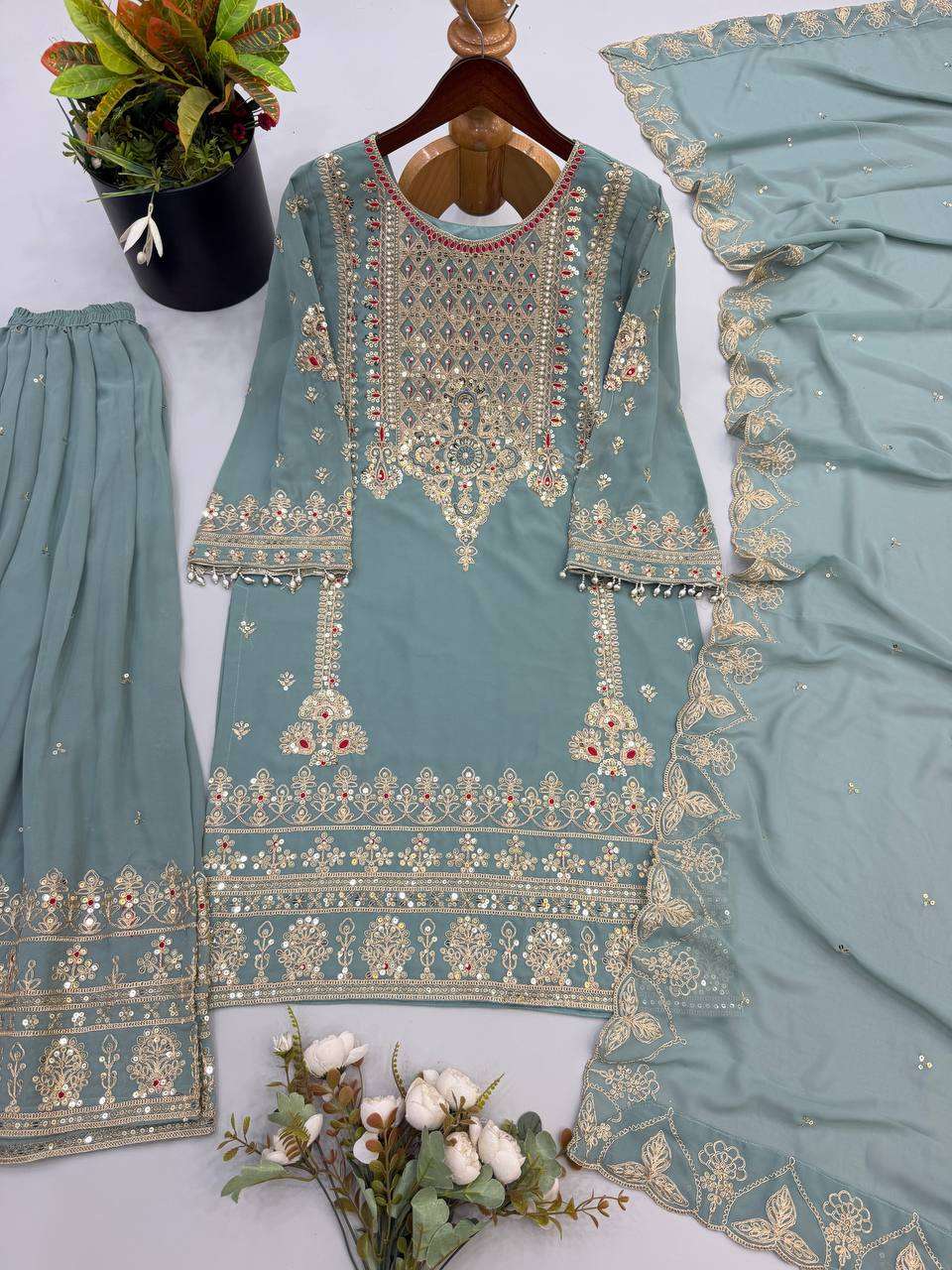 NSR 904 GEORGETTE DESIGNER PARTY WEAR LOOK TOP PLAZZO AND DUPATTA SET 