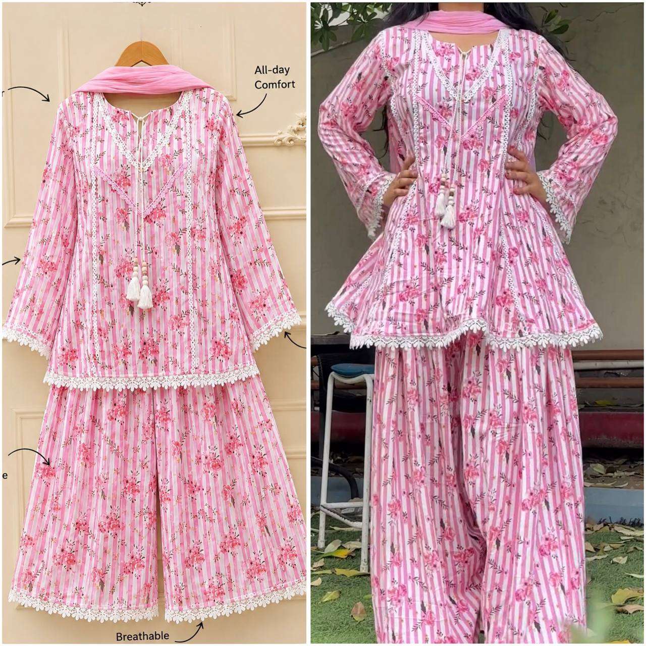 NSR 905 FANCY PREETY LOOKS LADIES TOP FARSHI PLAZZO AND DUPATTA SET 