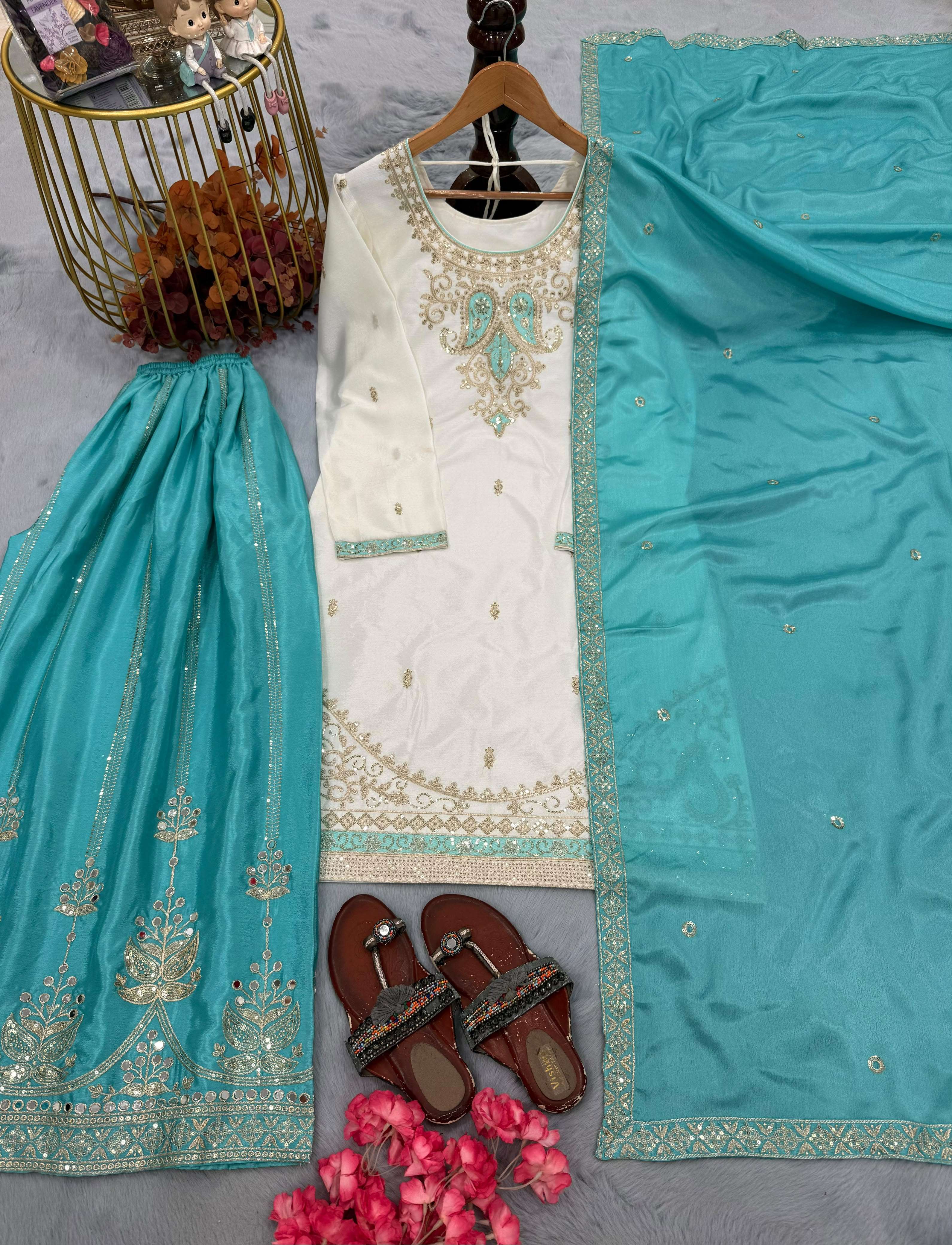 PD 1170 SILK SEQUENCE EMBROIDERY DESIGNER WORK FUNCTION WEAR LADIES SUIT