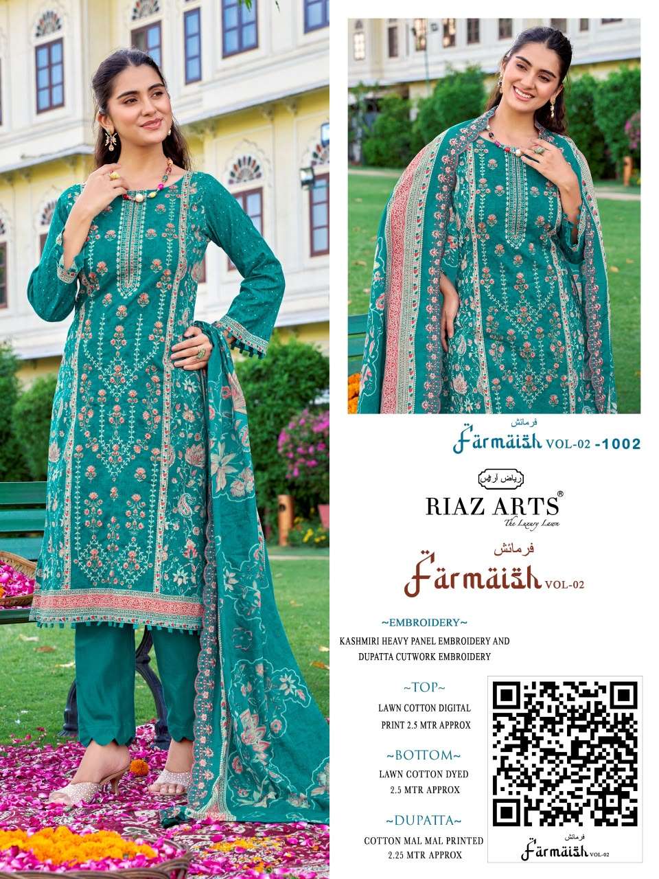 RIAZ ARTS FARMAISH VOL 2 LAWN COTTON DIGITAL PRINT WITH FANCY EMBROIDERY WORK SUIT