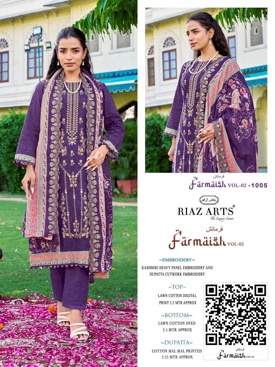 RIAZ ARTS FARMAISH VOL 2 LAWN COTTON DIGITAL PRINT WITH FANCY EMBROIDERY WORK SUIT