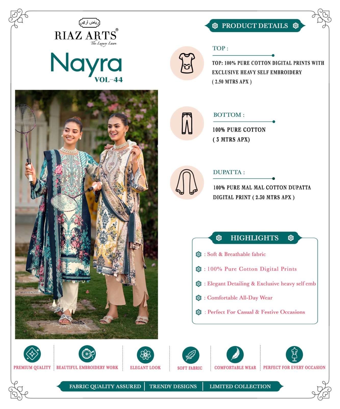 RIAZ ARTS NAYRA VOL 44 COTTON DIGITAL PRINTS WITH FANCY EMBROIDERY WORK SUIT