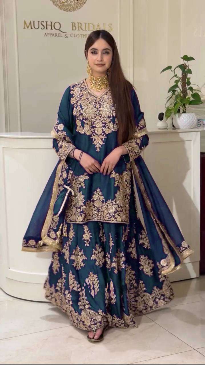 RTC 6041 SILK HEAVY DESIGNER WORK WEDDING FUNCTION WEAR SHARARA SUIT
