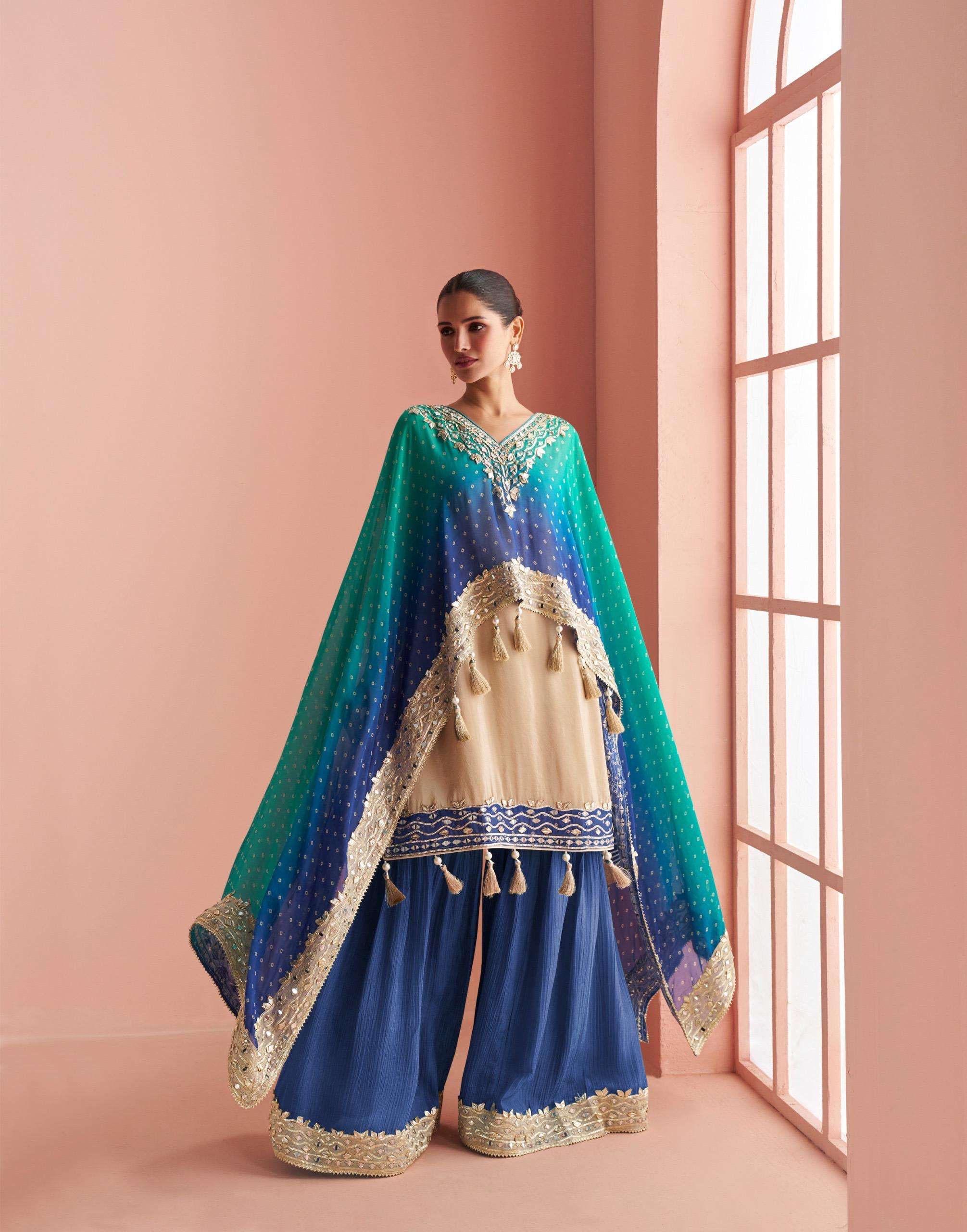 SAYURI DESIGNER KAVERI SILK DESIGNER PAUNCHO STYLE KURTI WITH SHARARA AND DUPATTA