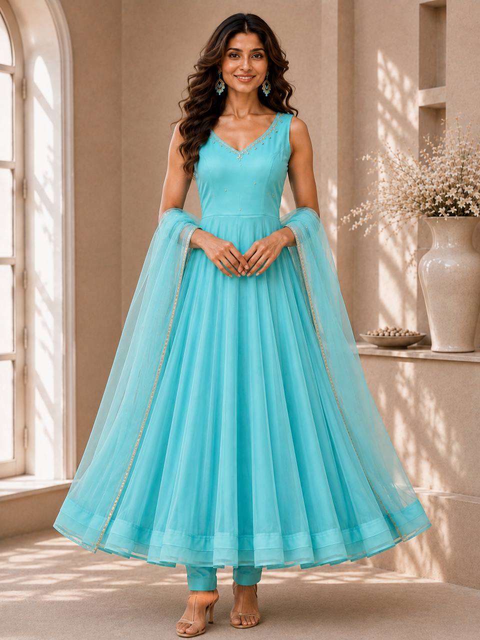 SC 287 GEORGETTE PREETY LOOK DESIGNER LADIES ANARKALI GOWN PANT WITH DUPATTA SET 