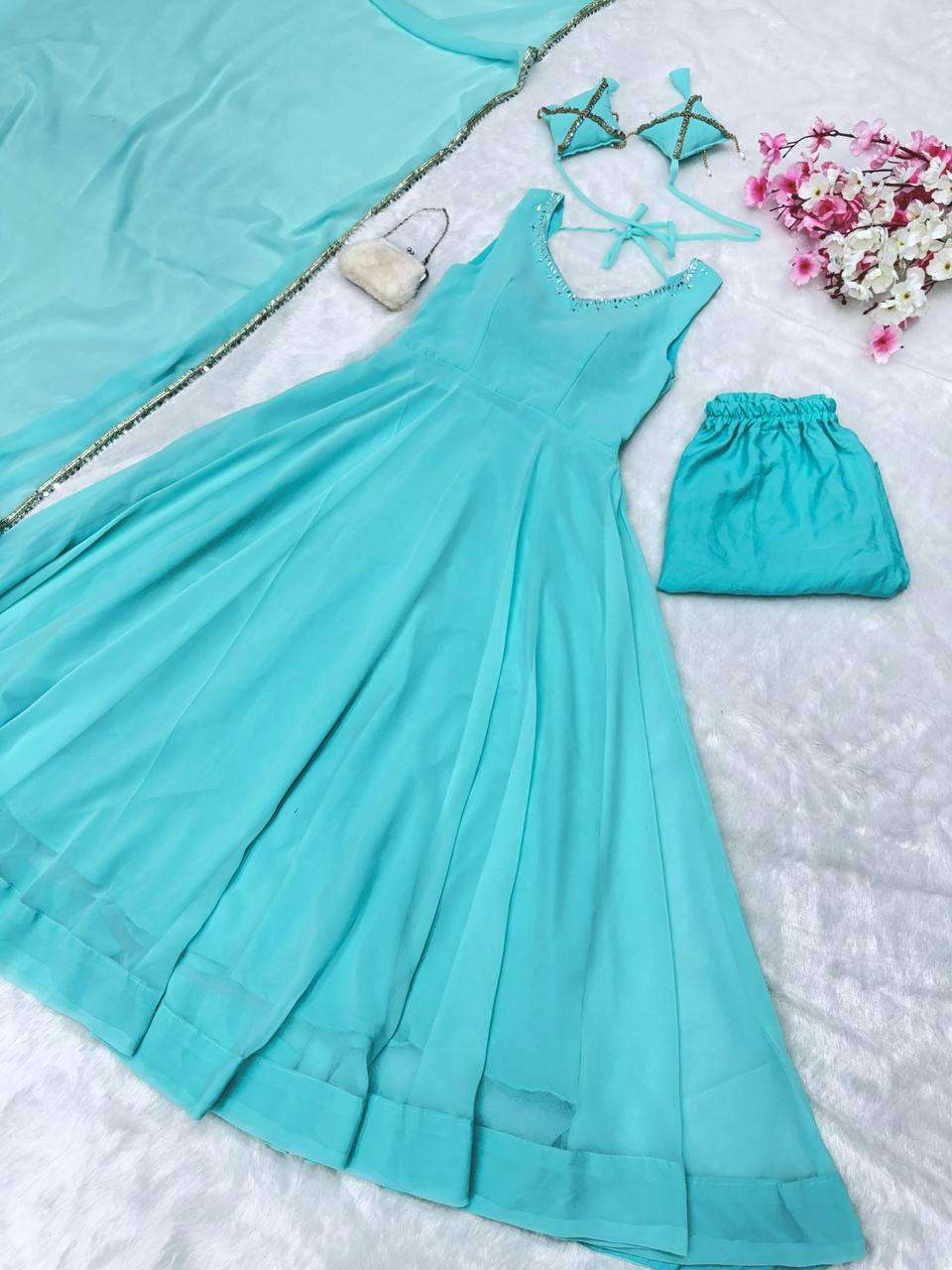 SC 287 GEORGETTE PREETY LOOK DESIGNER LADIES ANARKALI GOWN PANT WITH DUPATTA SET 