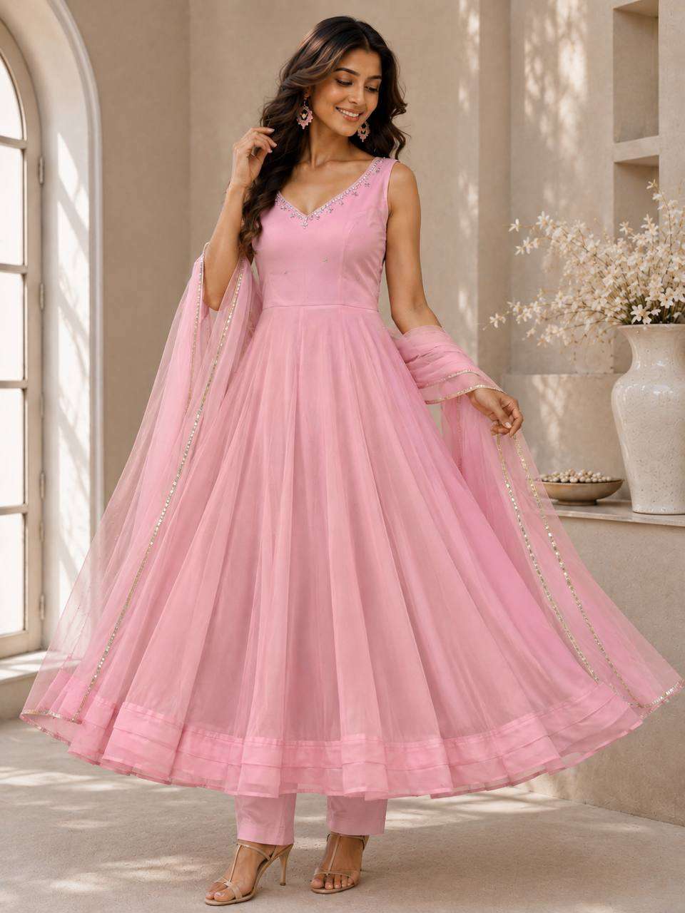 SC 287 GEORGETTE PREETY LOOK DESIGNER LADIES ANARKALI GOWN PANT WITH DUPATTA SET 