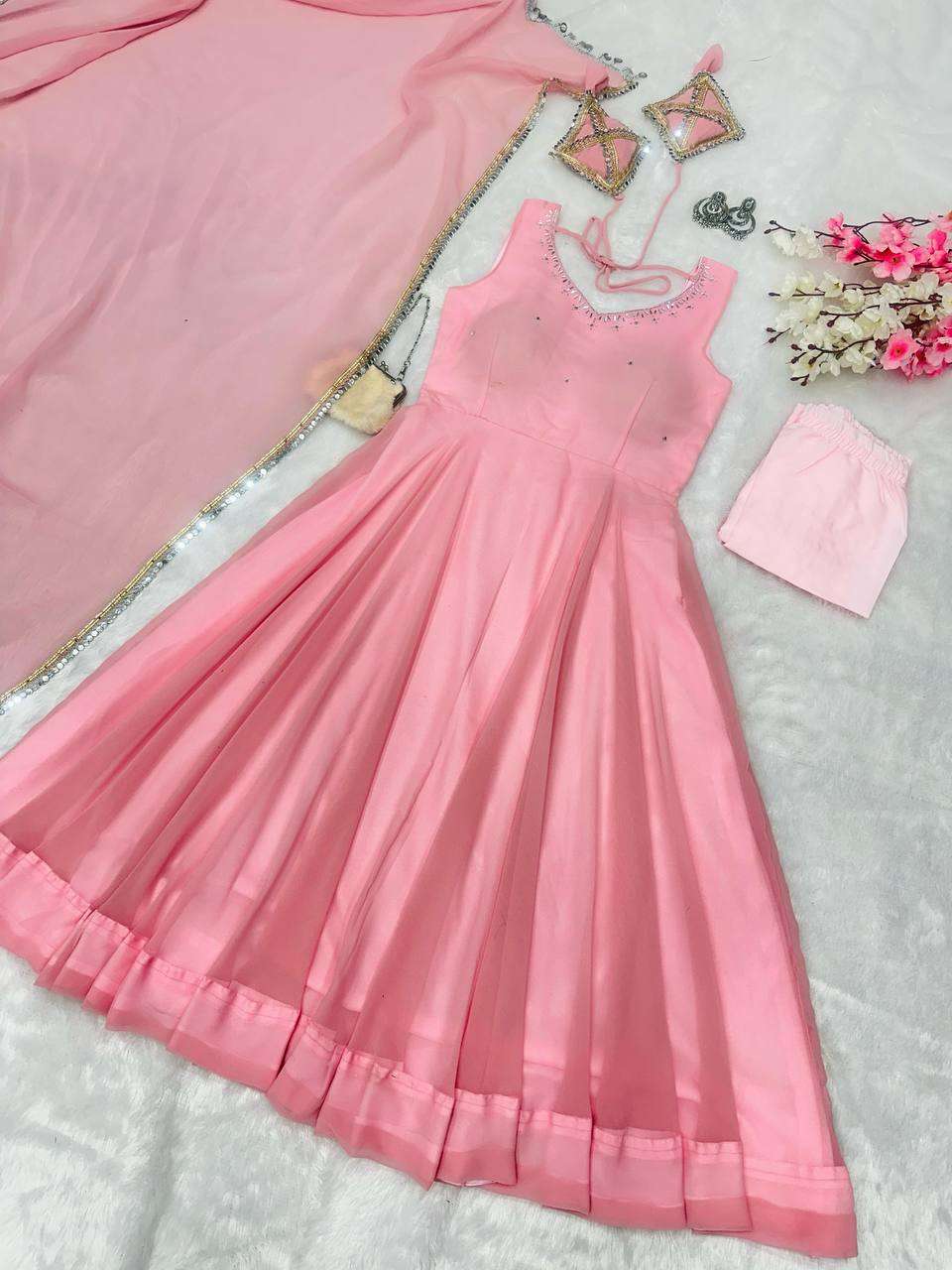 SC 287 GEORGETTE PREETY LOOK DESIGNER LADIES ANARKALI GOWN PANT WITH DUPATTA SET 