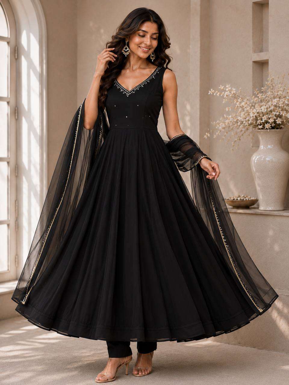 SC 287 GEORGETTE PREETY LOOK DESIGNER LADIES ANARKALI GOWN PANT WITH DUPATTA SET 