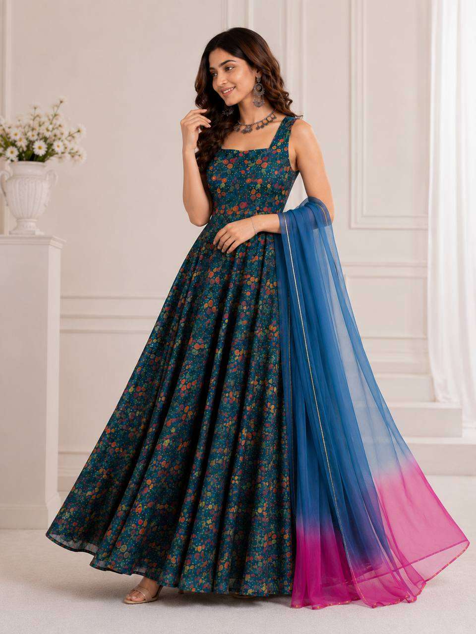 SC 346 ORANGZA SILK DESIGNER PRINTED PREETY LOOK DESIGNER LADIES ANARKALI GOWN STYLE DRESS