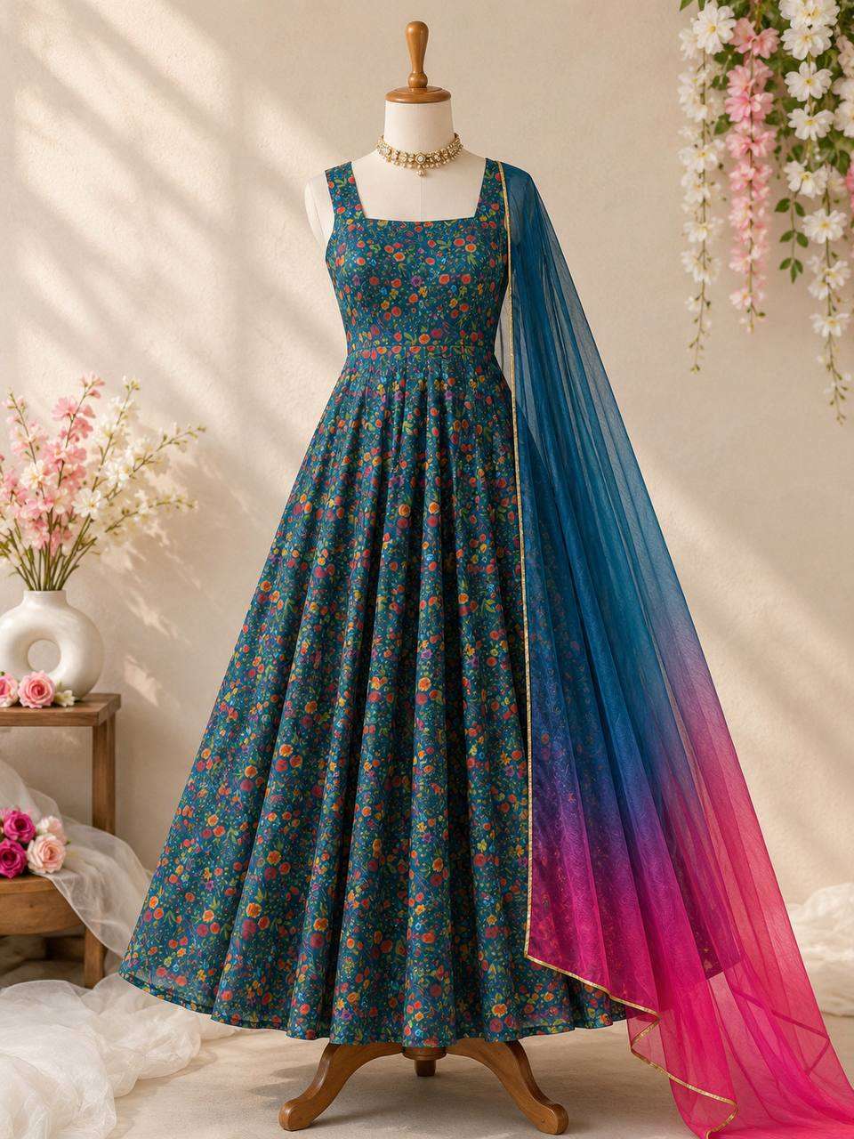 SC 346 ORANGZA SILK DESIGNER PRINTED PREETY LOOK DESIGNER LADIES ANARKALI GOWN STYLE DRESS