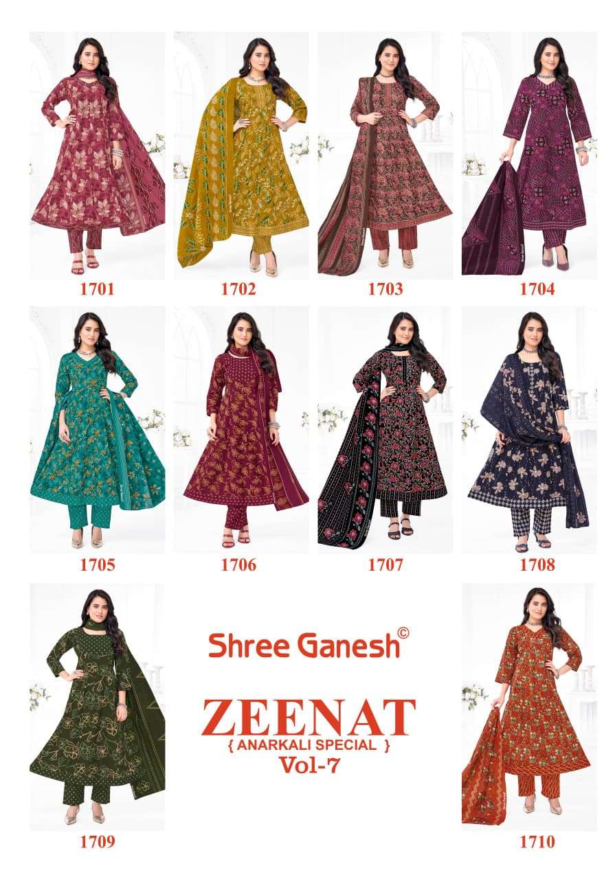 SHREE GANESH ZEENAT VOL 7 COTTON PRINTED FROCK STYLE KURTI BOTTOM AND DUPATTA SET 