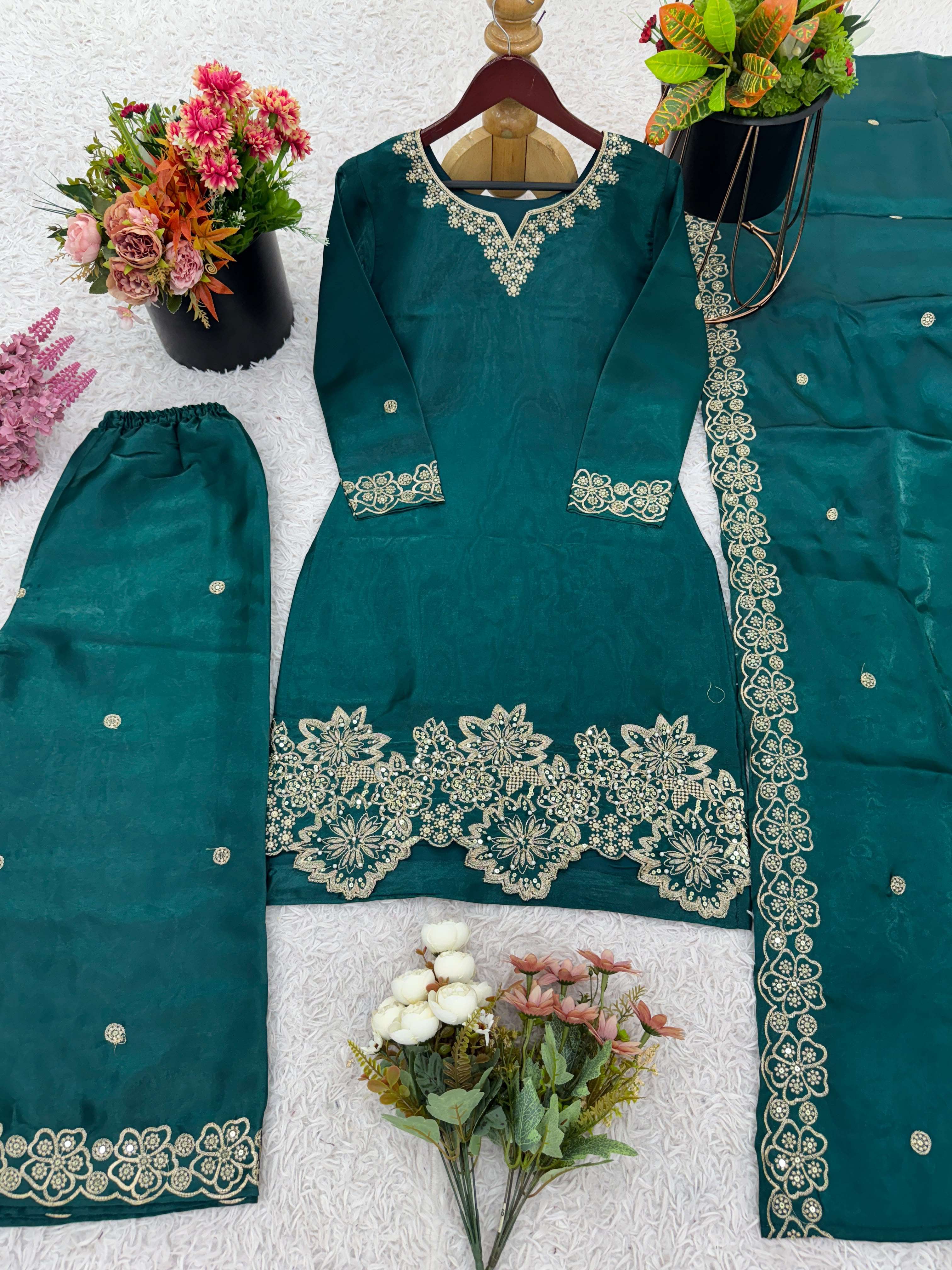 SR 1674 JIMMY SILK HEAVY DESIGNER PARTY WEAR TOP BOTTOM AND DUPATTA SET 