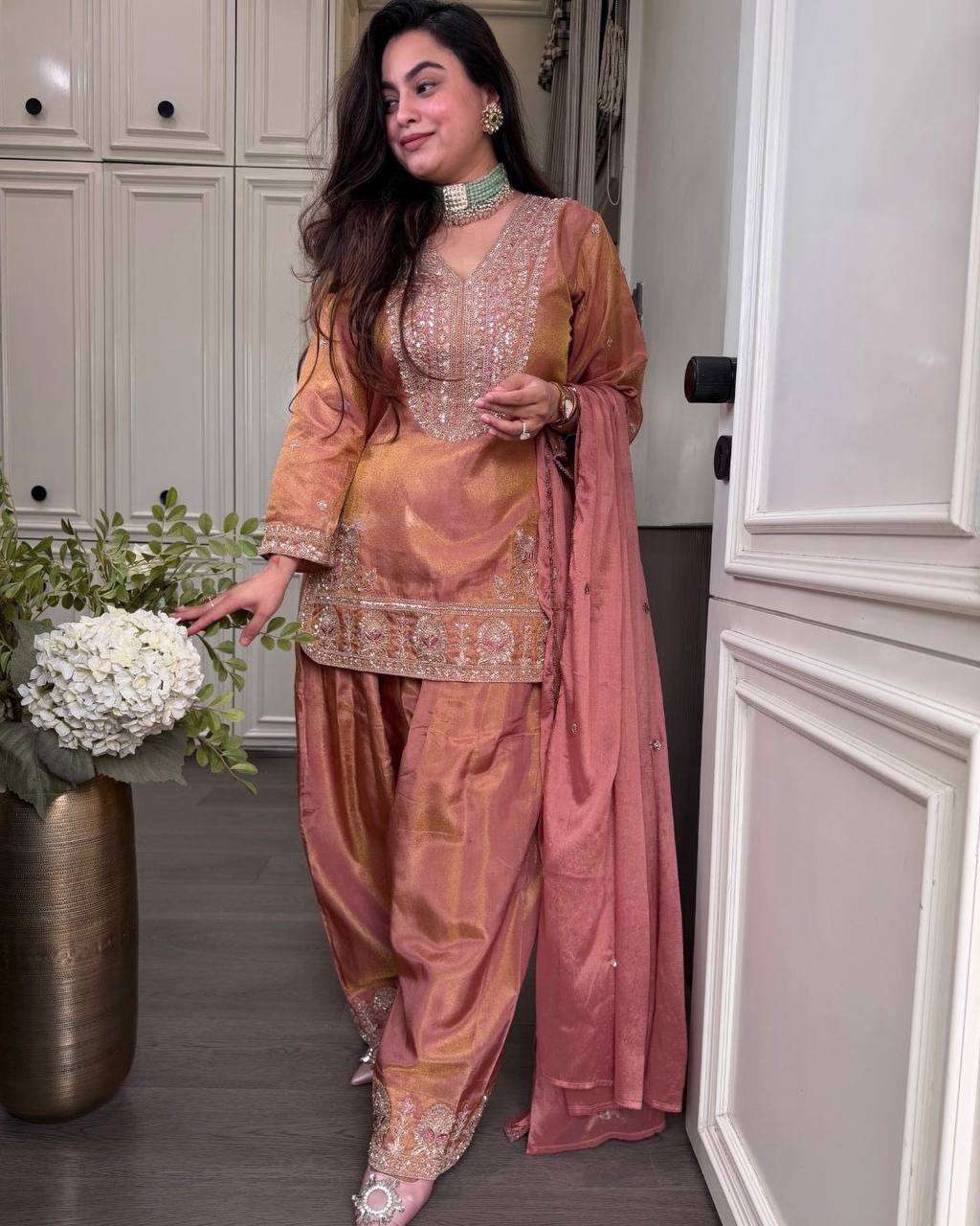 SRK 5267 SILK HEAVY SEQUENCE EMBROIDERY DESIGNER WORK TOP PLAZZO AND DUPATTA SET 