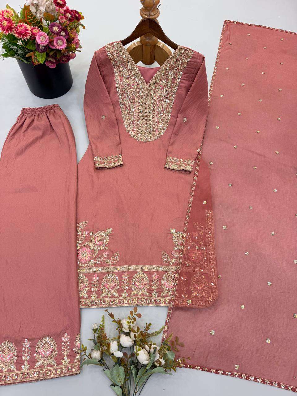 SRK 5267 SILK HEAVY SEQUENCE EMBROIDERY DESIGNER WORK TOP PLAZZO AND DUPATTA SET 