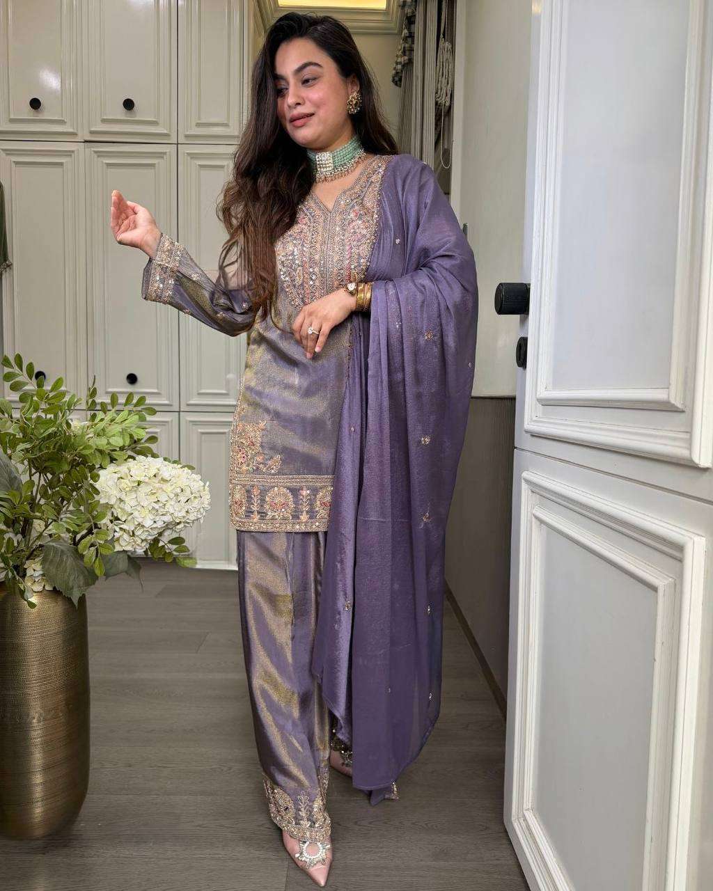 SRK 5267 SILK HEAVY SEQUENCE EMBROIDERY DESIGNER WORK TOP PLAZZO AND DUPATTA SET 