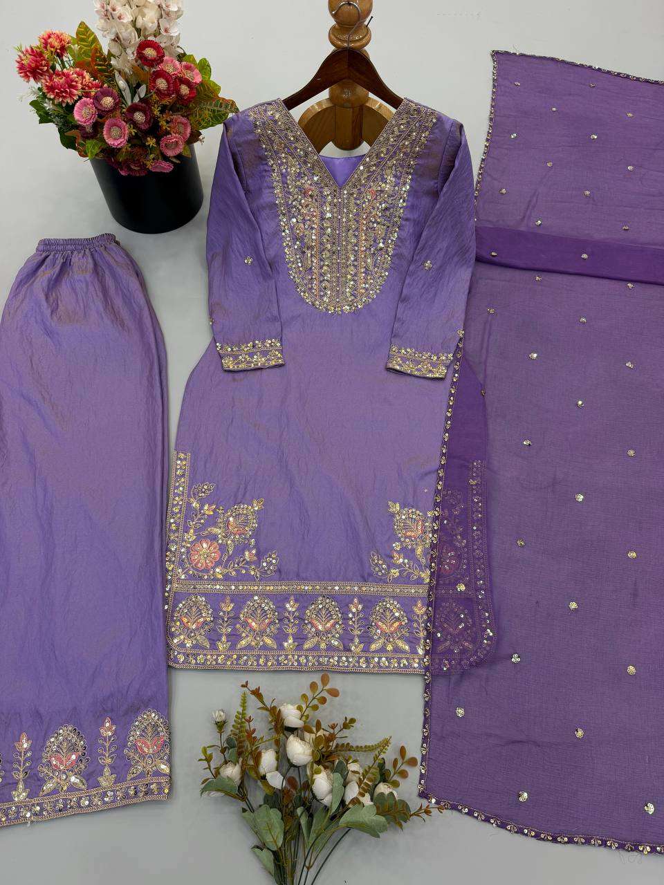 SRK 5267 SILK HEAVY SEQUENCE EMBROIDERY DESIGNER WORK TOP PLAZZO AND DUPATTA SET 