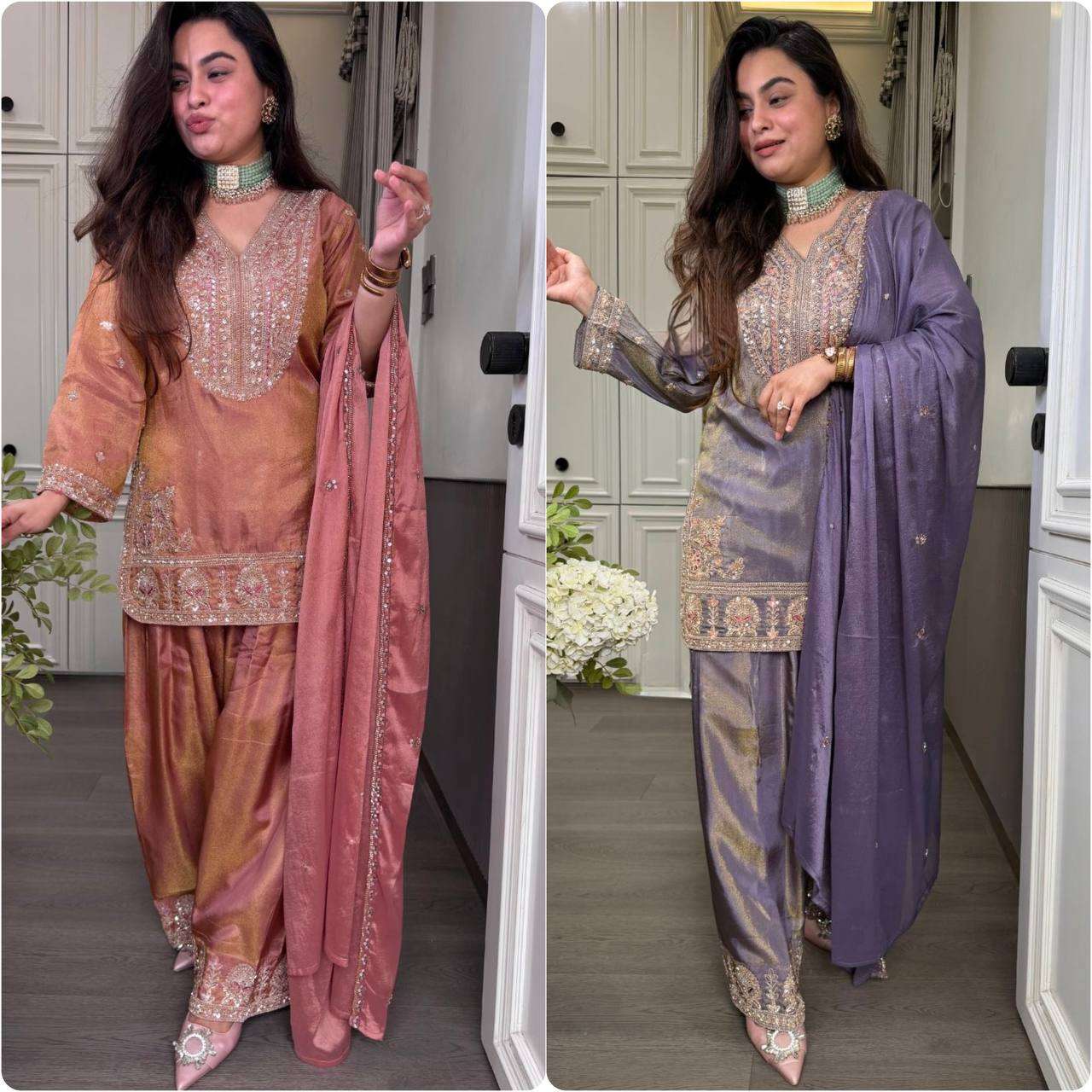 SRK 5267 SILK HEAVY SEQUENCE EMBROIDERY DESIGNER WORK TOP PLAZZO AND DUPATTA SET 