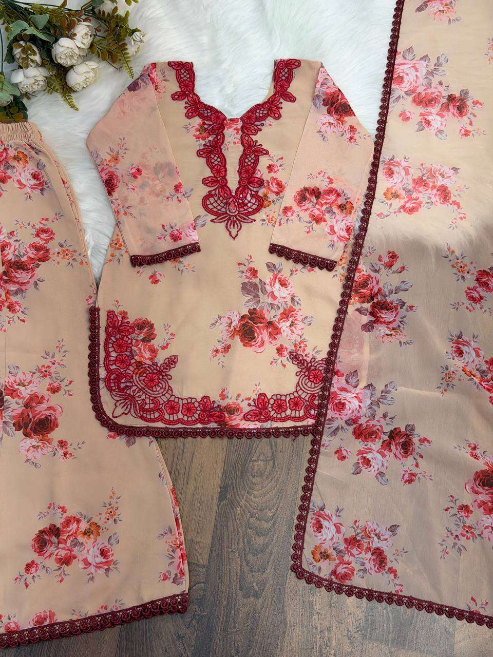 SRK 5352 GEORGETTE DESIGNER WORK READY MADE PARTY WEAR MOTHER AND DUPATTA COMBO SUIT