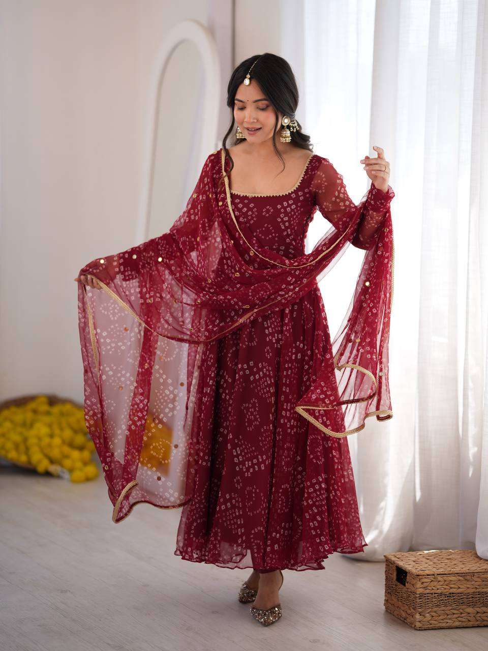 SRK 5368 FOX GEORGETTE BANDHANI PRINT FANCY LONG ANARKALI GOWN PENT AND DUPATTA SET 