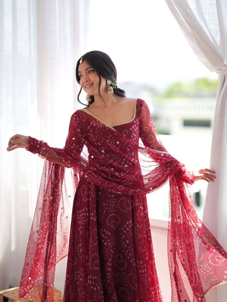 SRK 5368 FOX GEORGETTE BANDHANI PRINT FANCY LONG ANARKALI GOWN PENT AND DUPATTA SET 
