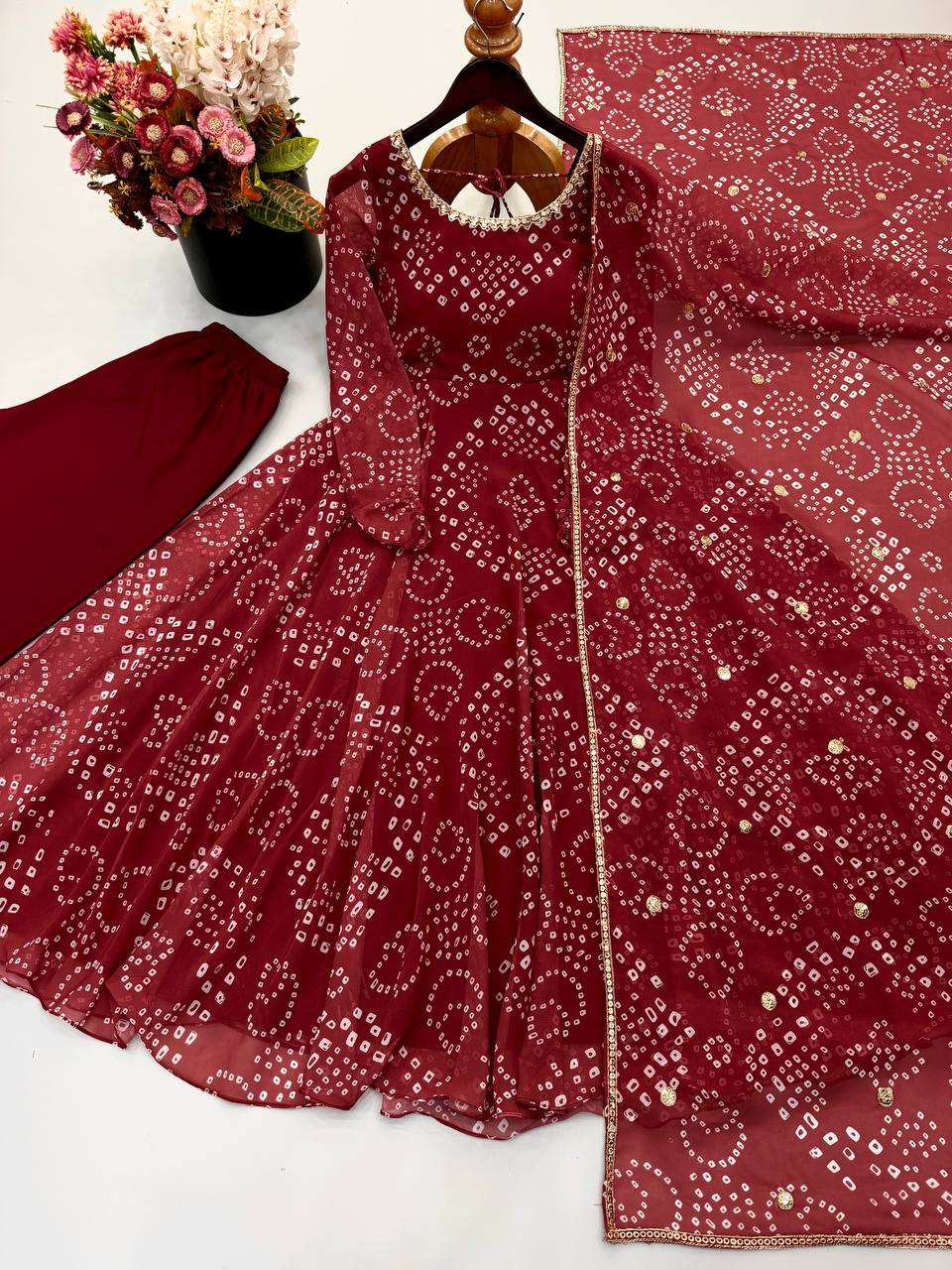 SRK 5368 FOX GEORGETTE BANDHANI PRINT FANCY LONG ANARKALI GOWN PENT AND DUPATTA SET 