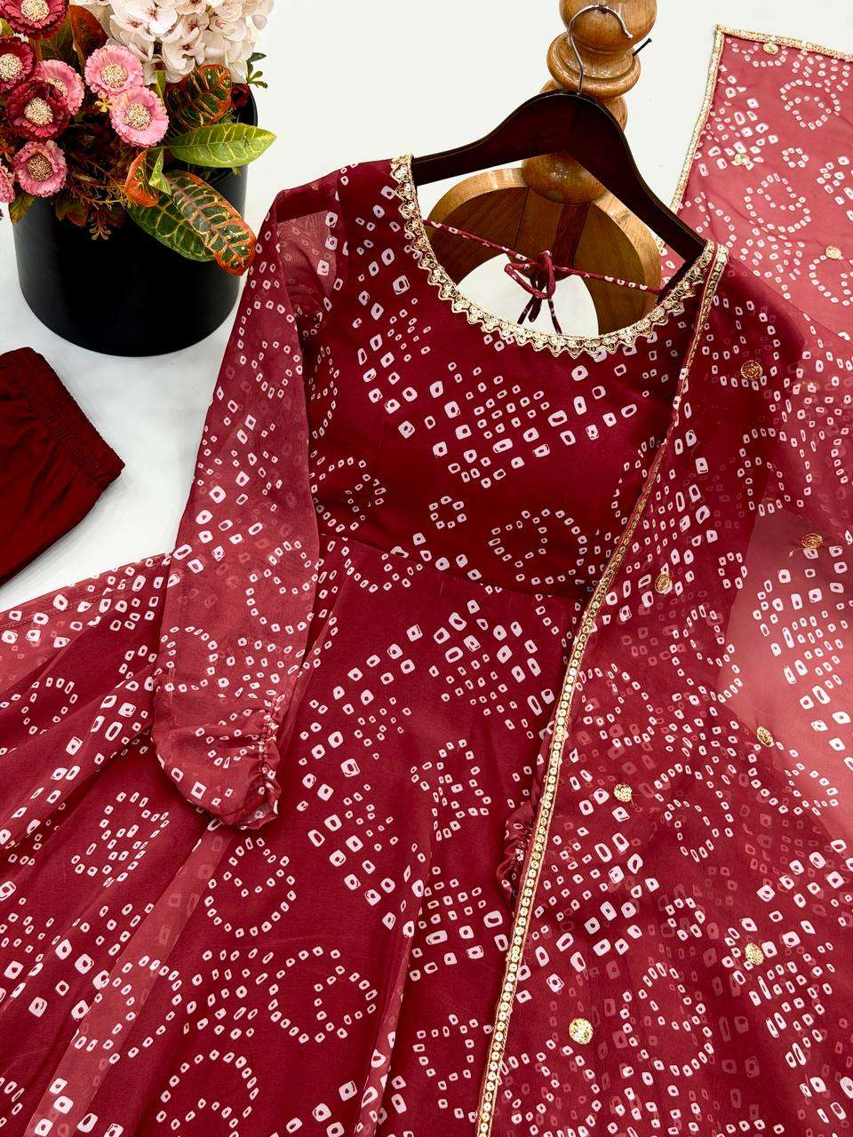 SRK 5368 FOX GEORGETTE BANDHANI PRINT FANCY LONG ANARKALI GOWN PENT AND DUPATTA SET 
