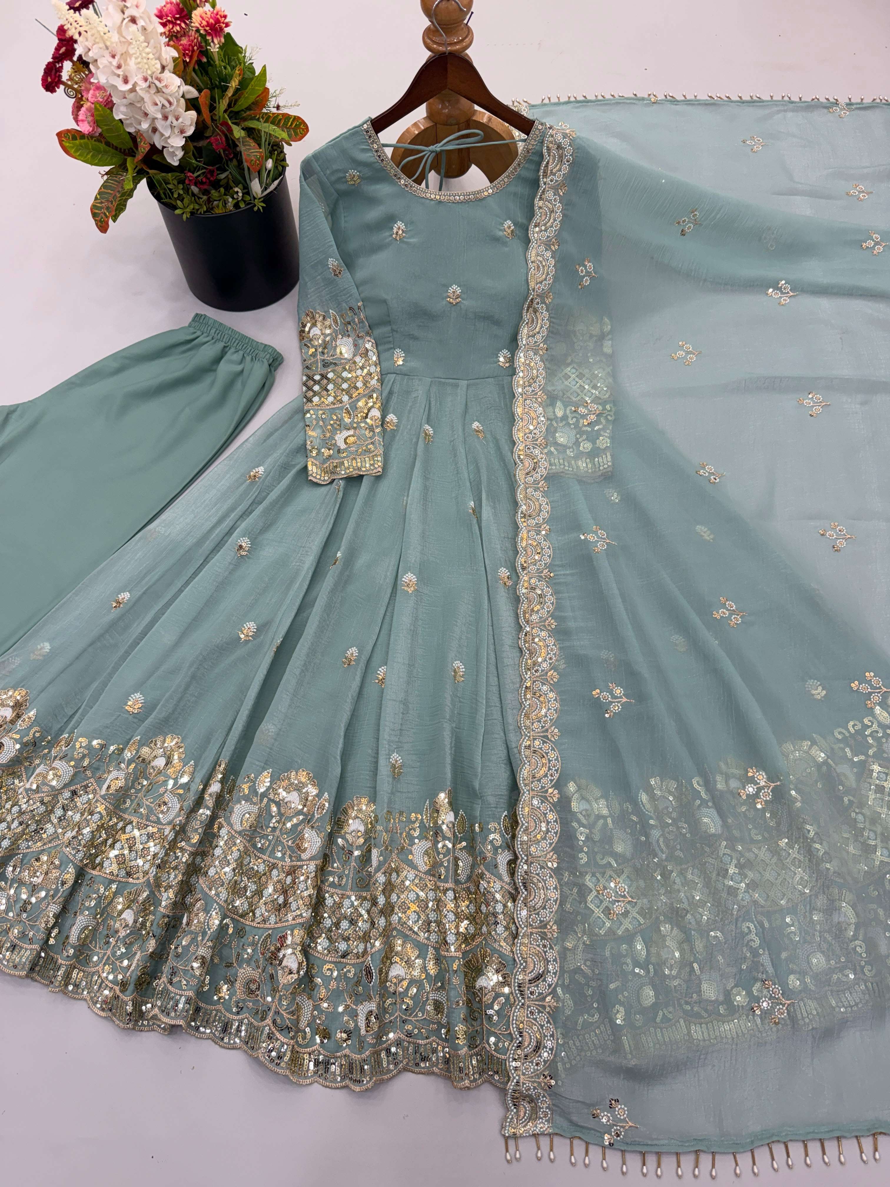 SSR 550 SILK HEAVY EMBROIDERD DESIGNER PARTY WEAR GOWN SUIT