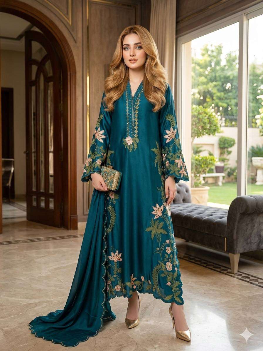 ST 249 ROMAN SILK HEAVY EMBROIDERY THREAD WORK 3 PIS SUIT SET