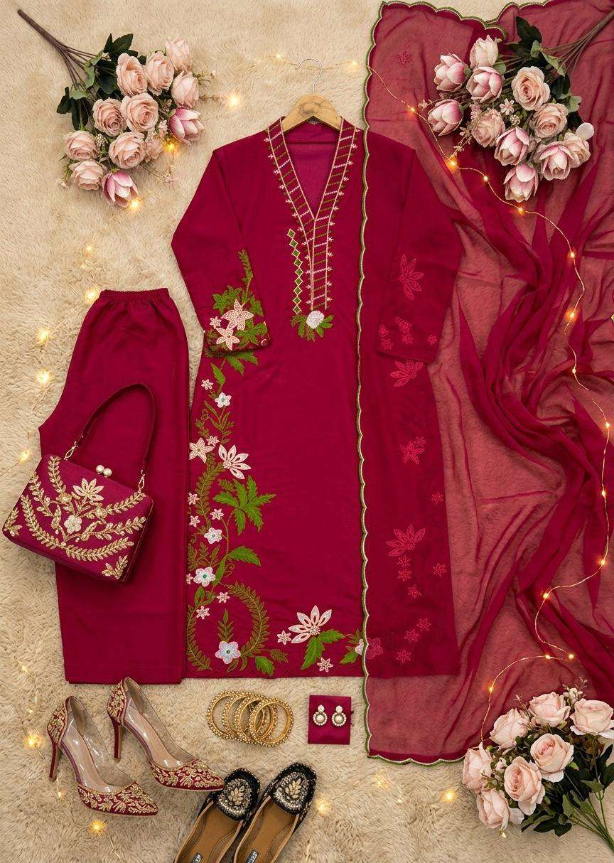 ST 249 ROMAN SILK HEAVY EMBROIDERY THREAD WORK 3 PIS SUIT SET