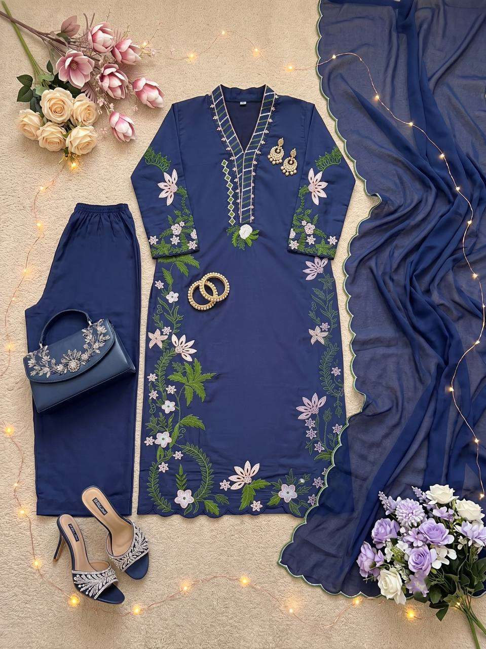 ST 249 ROMAN SILK HEAVY EMBROIDERY THREAD WORK 3 PIS SUIT SET