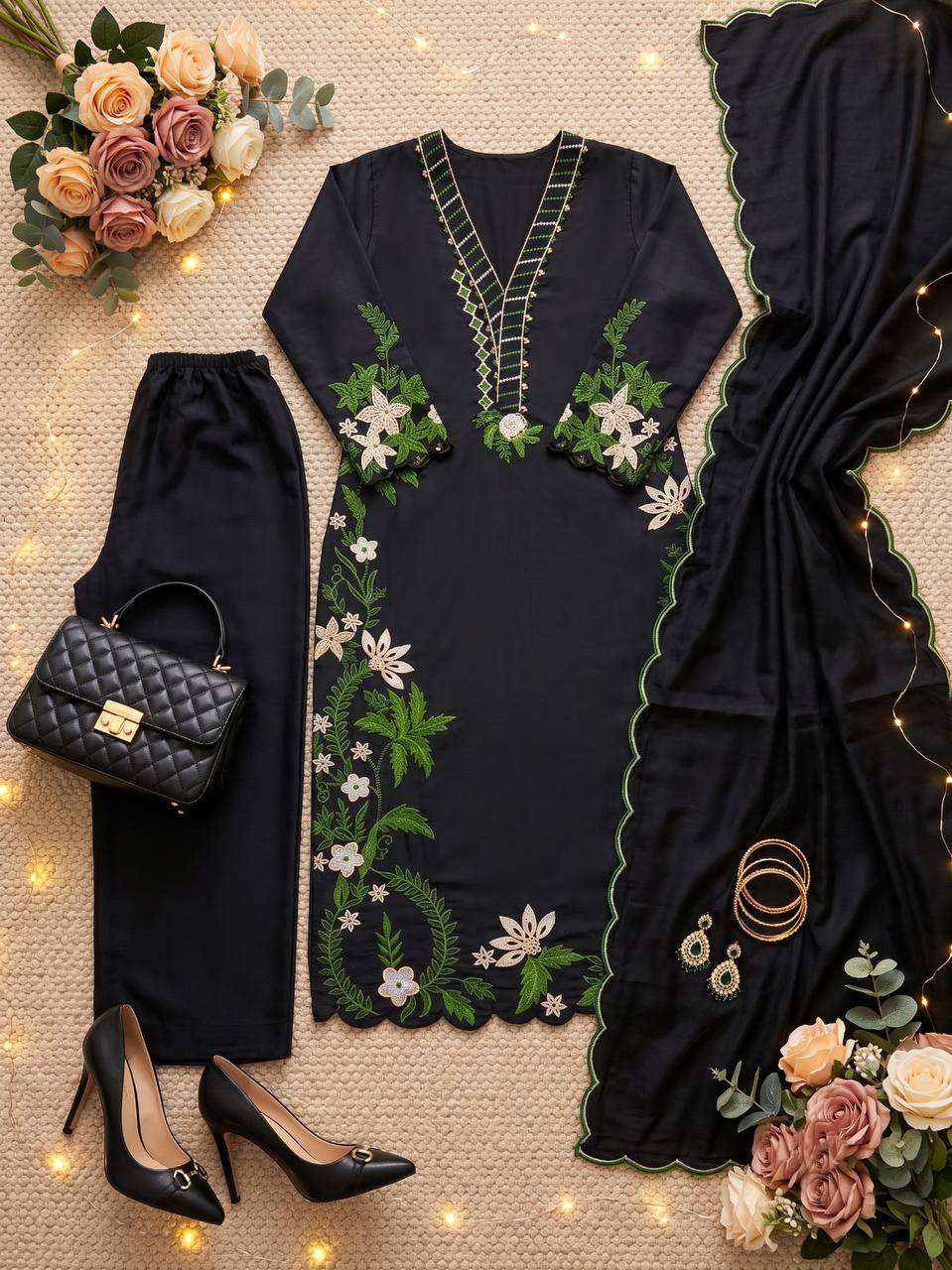 ST 249 ROMAN SILK HEAVY EMBROIDERY THREAD WORK 3 PIS SUIT SET