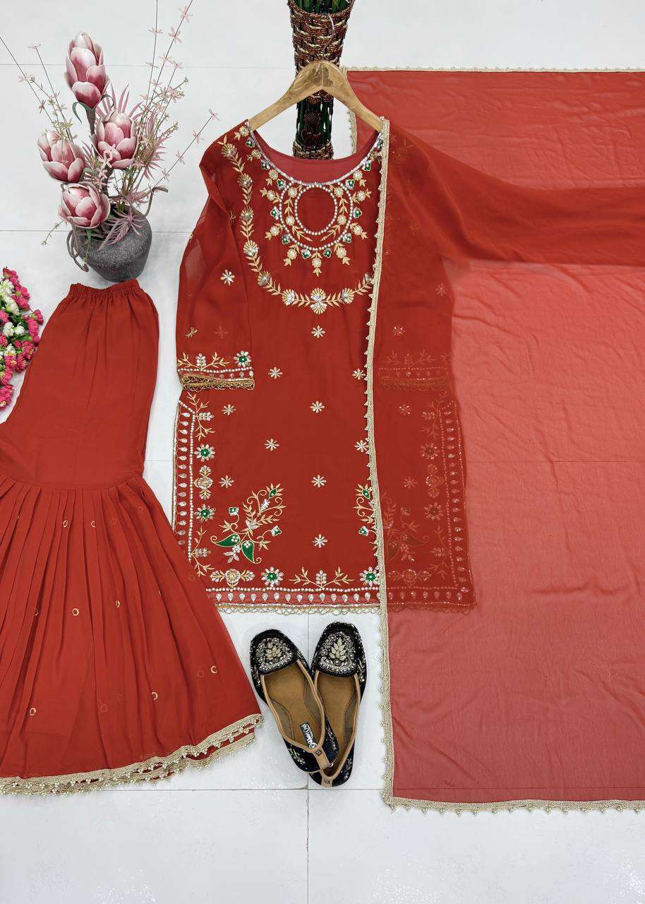 ST 252 FOX GEORGETTE SEQUENCE EMBROIDERY DESIGNER WORK FESTIVE WEAR LADIES SUIT