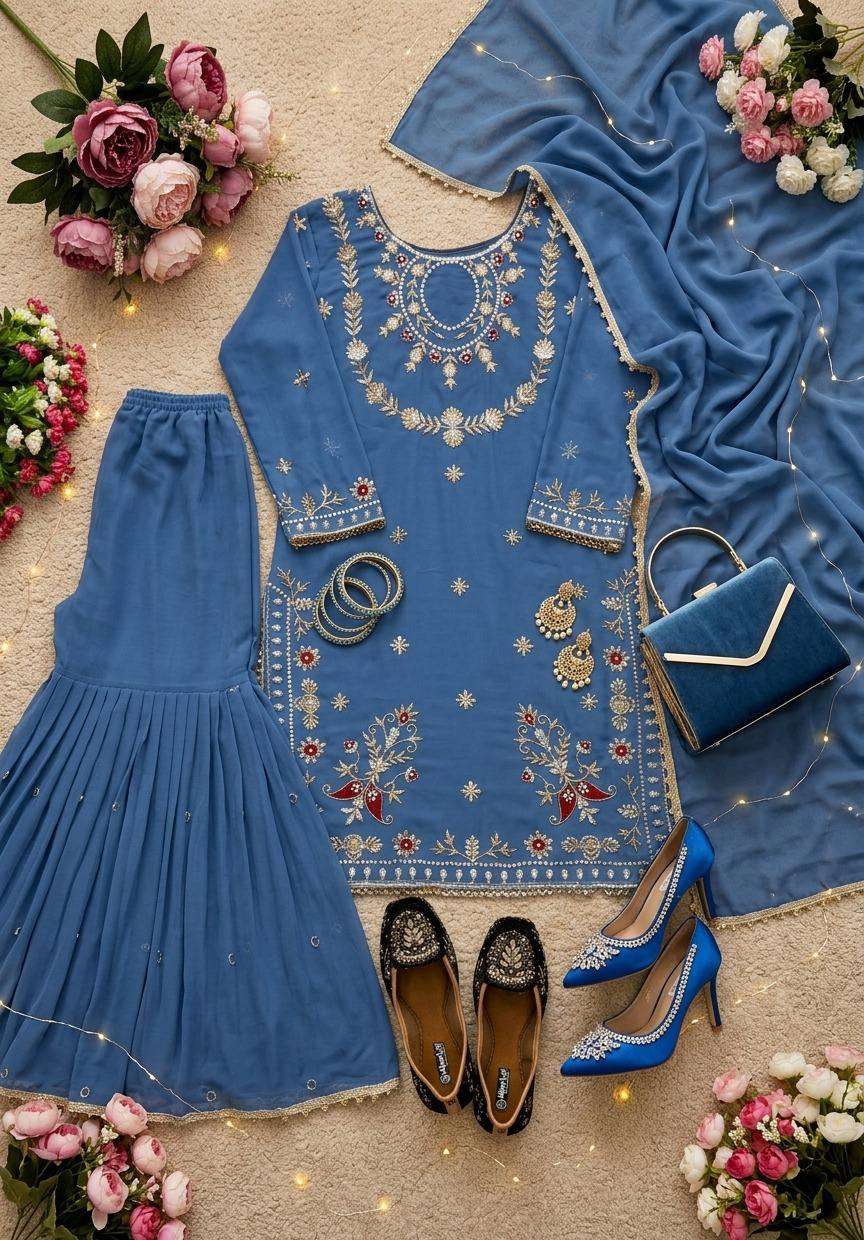 ST 252 FOX GEORGETTE SEQUENCE EMBROIDERY DESIGNER WORK FESTIVE WEAR LADIES SUIT